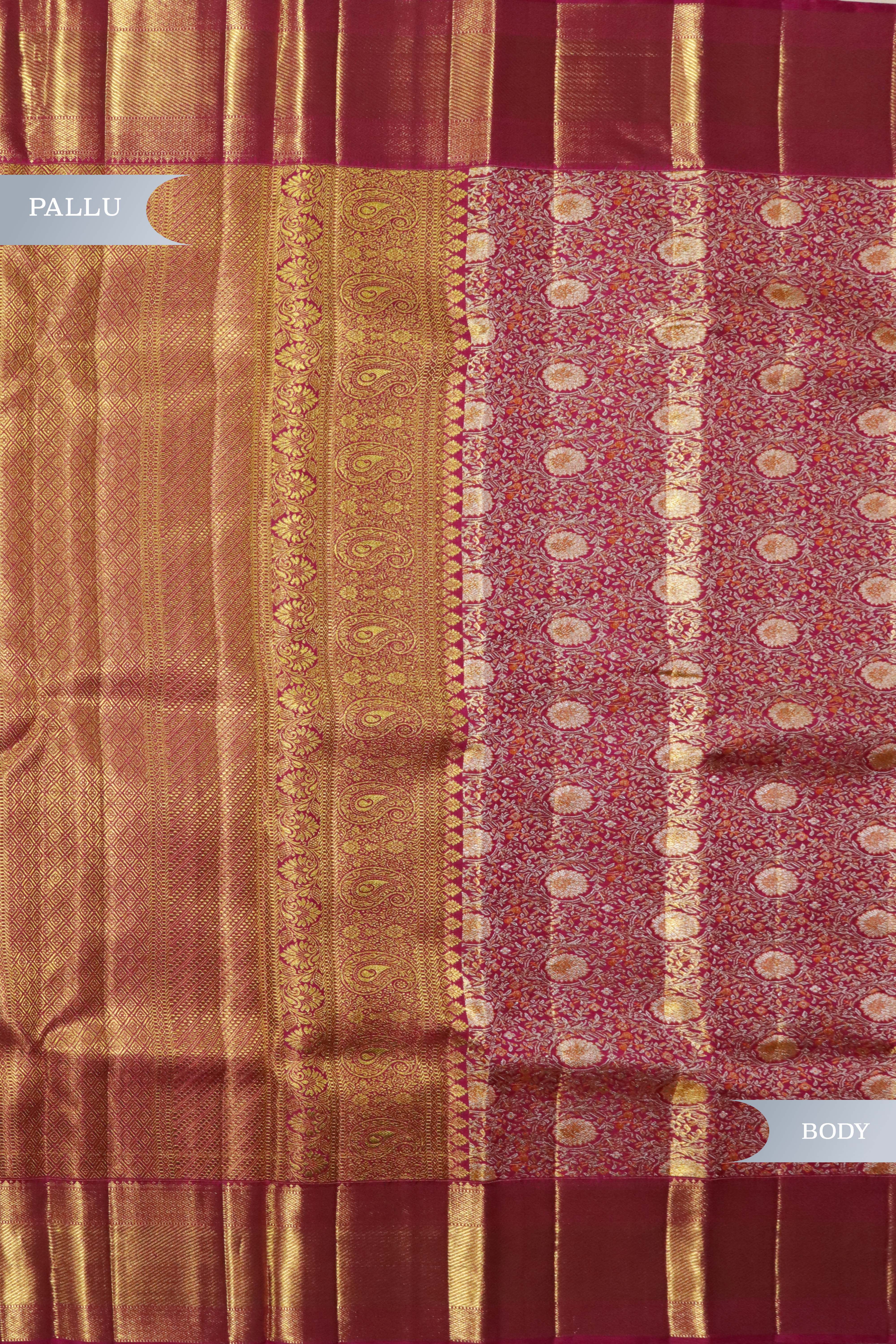 Pink Kanchivaram Silk Saree with Golden Zari & Meena Weaving