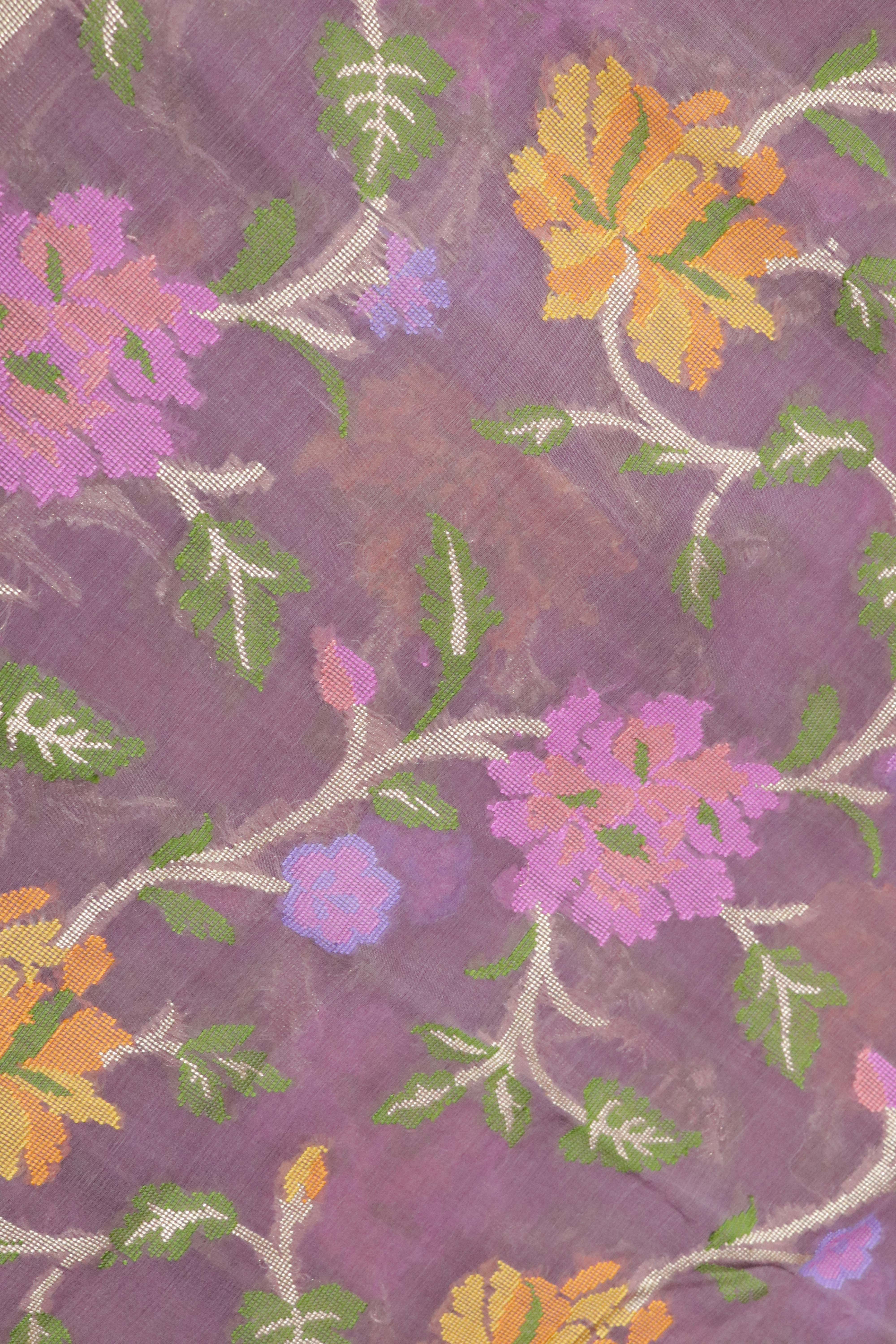 Violet Banarasi Kora Silk Saree with Zari & Multicolor Thread Jaal