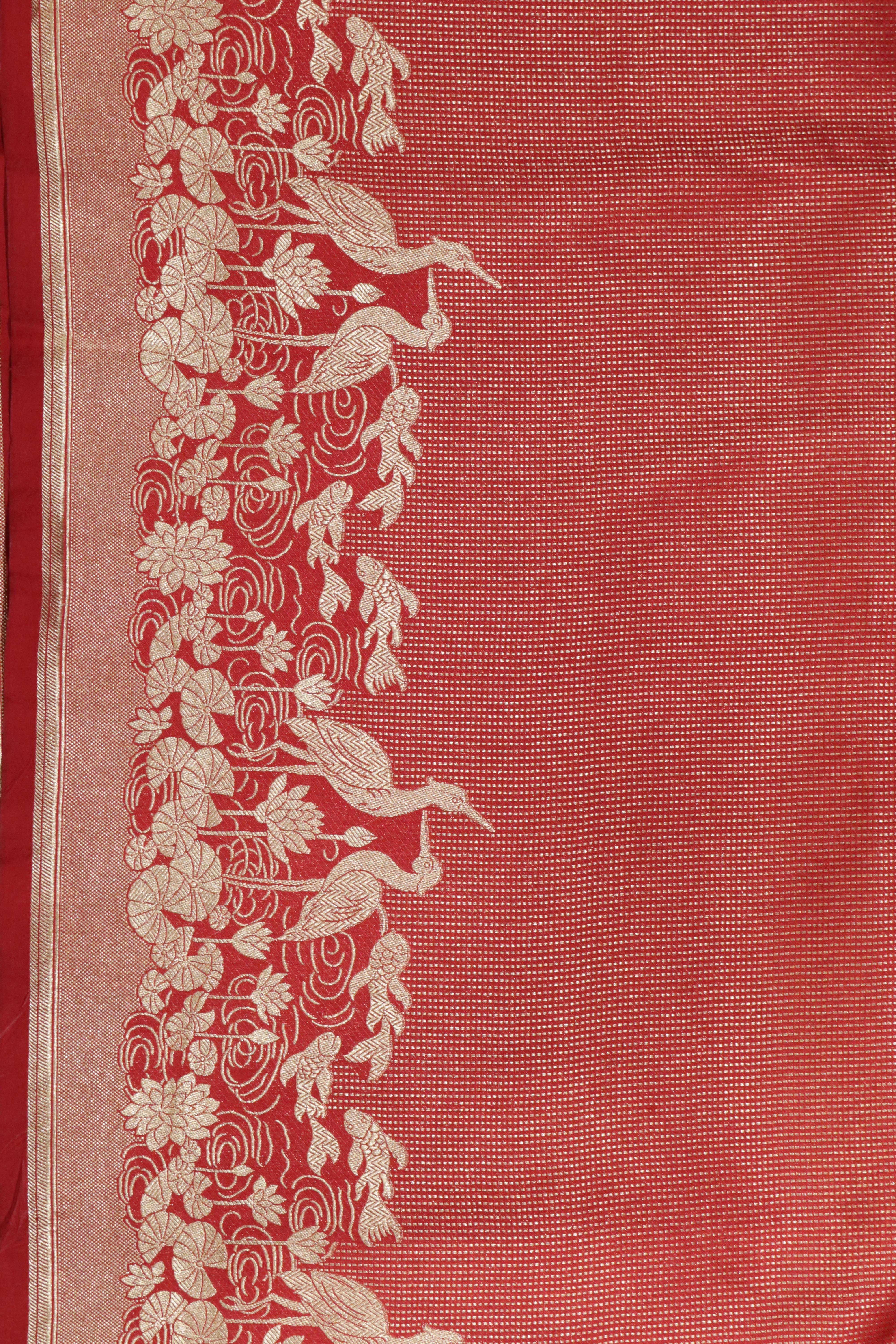 Maroon  Banarasi Silk Saree with Zari Stripe Weaving & Fancy Border