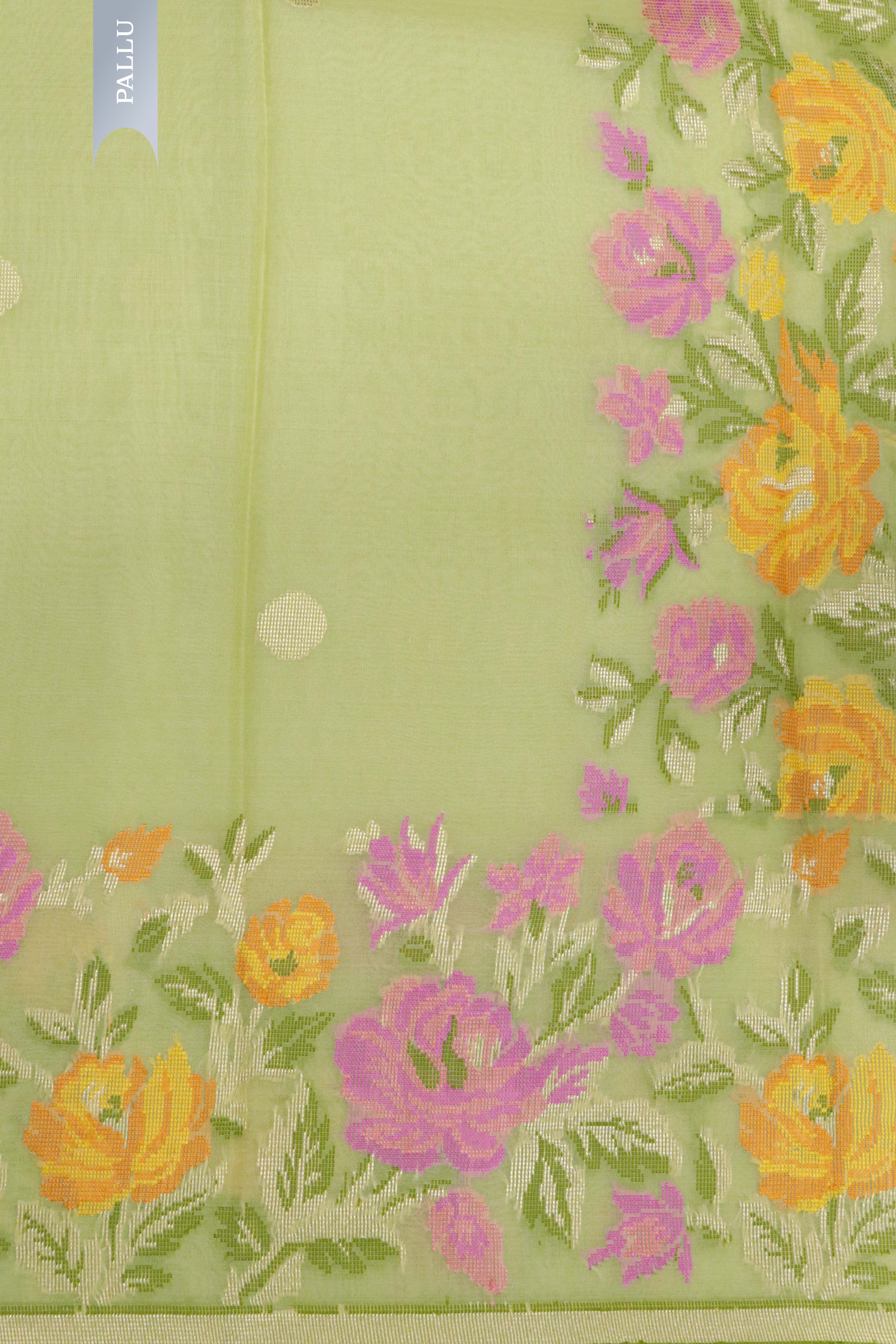 Pista Green Banarasi Kora Silk Saree with Multicolor Zari & Thread Weaving