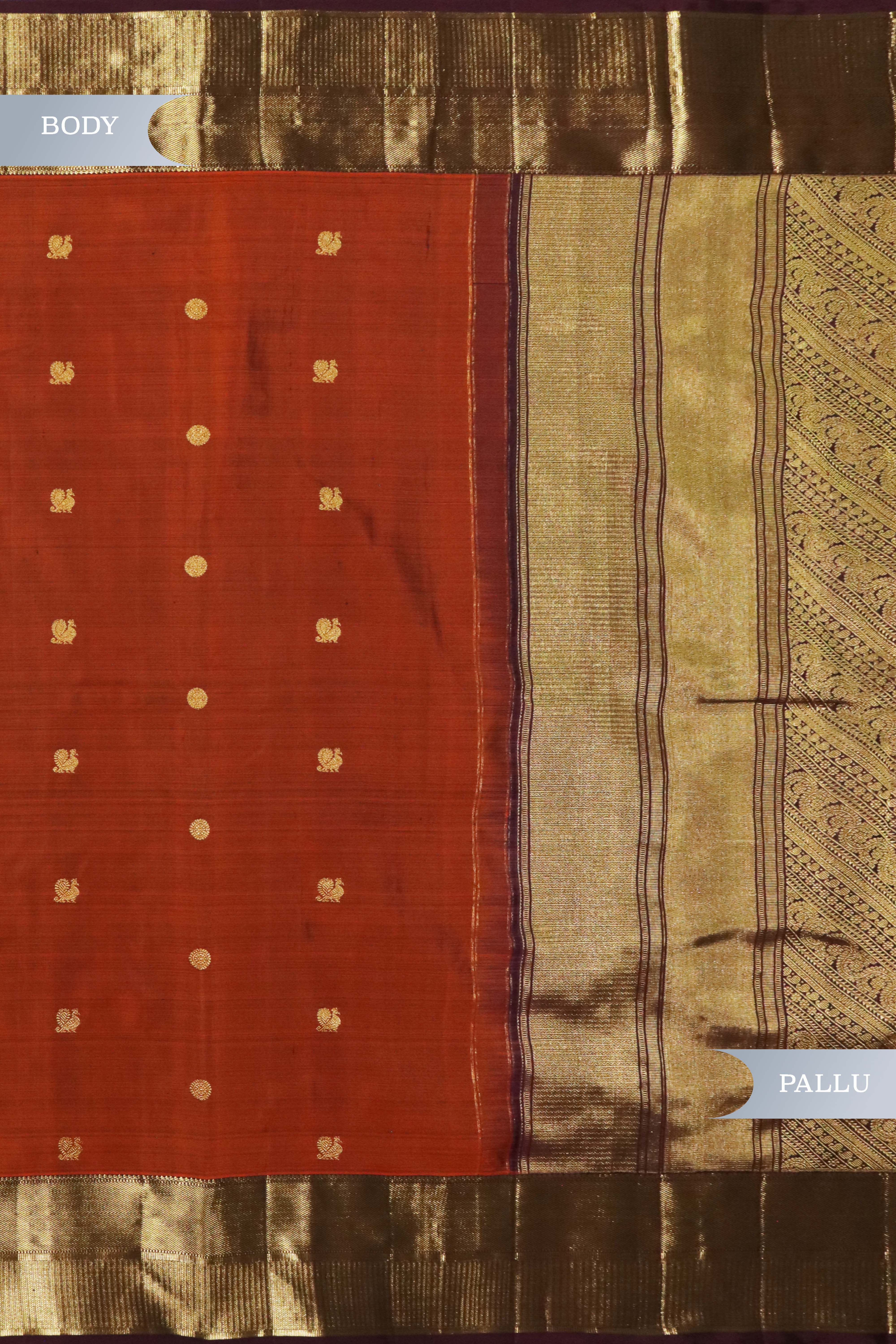 Rust Orange Kanchivaram Silk Saree with Zari Butti and Contrast Pallu