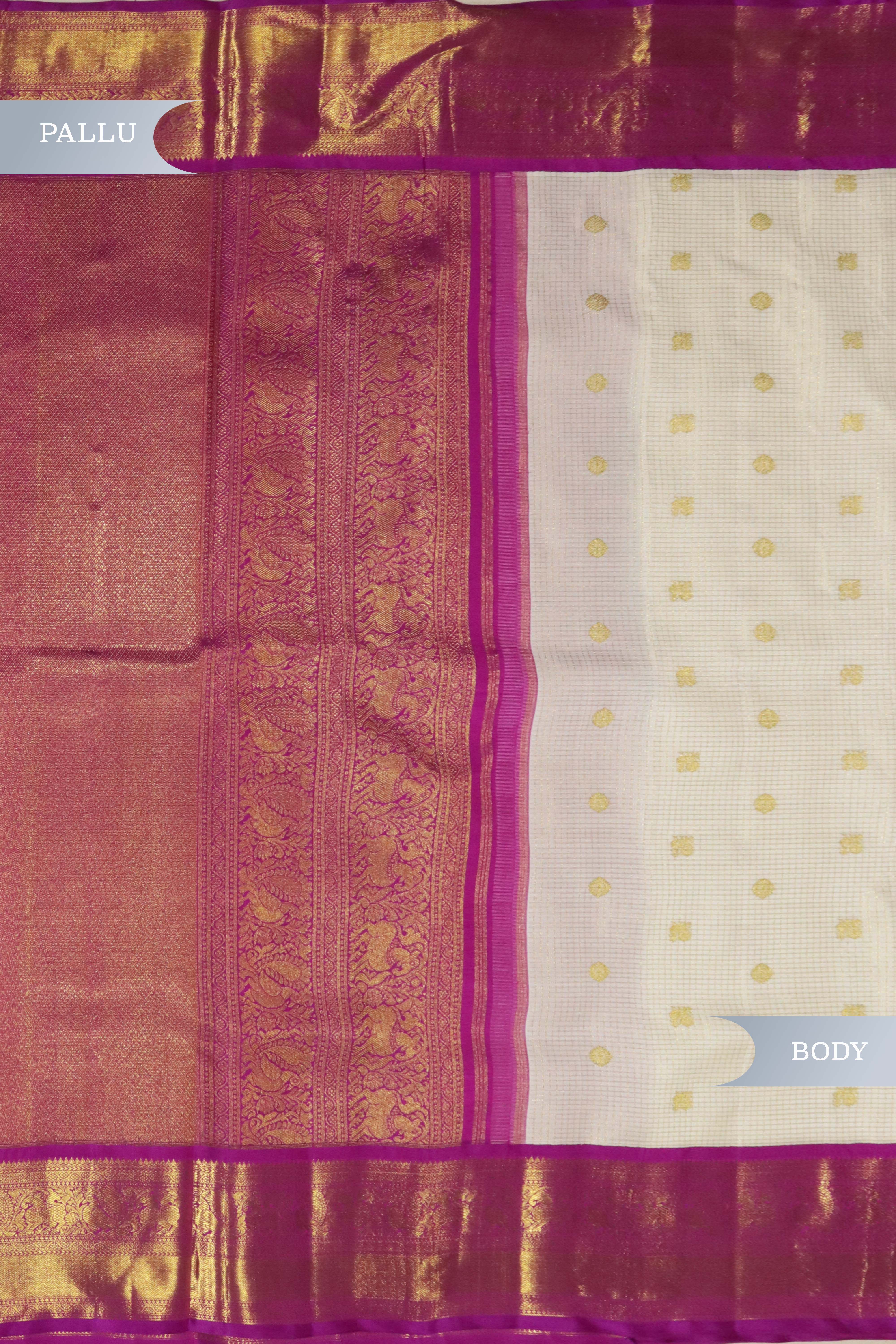 Off White Kanchivaram Silk Saree with Golden Buttis & Contrast Pink Zari Border