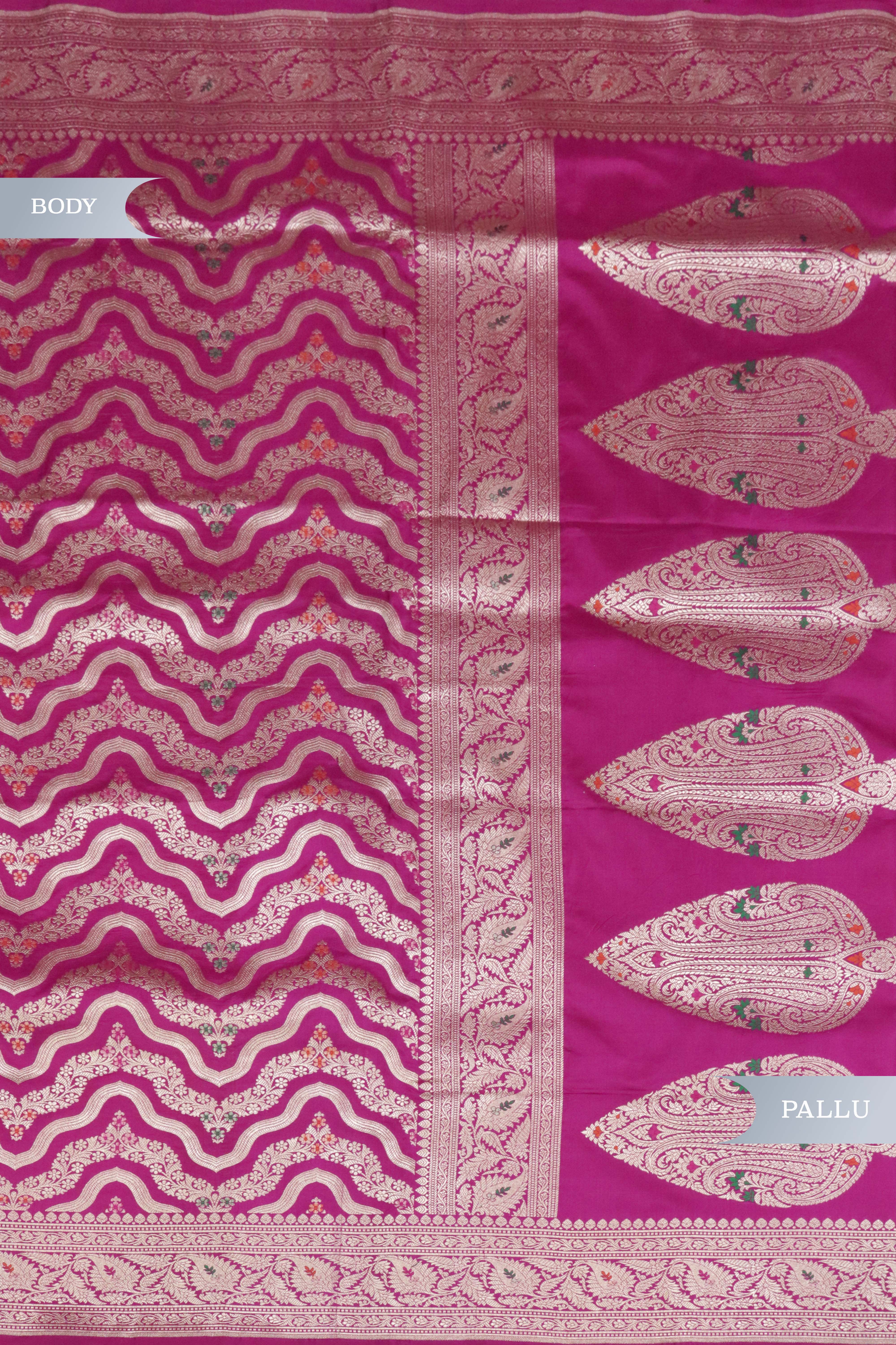 Rani Pink Banarasi Silk Saree with Wave Jaal and Zari Border