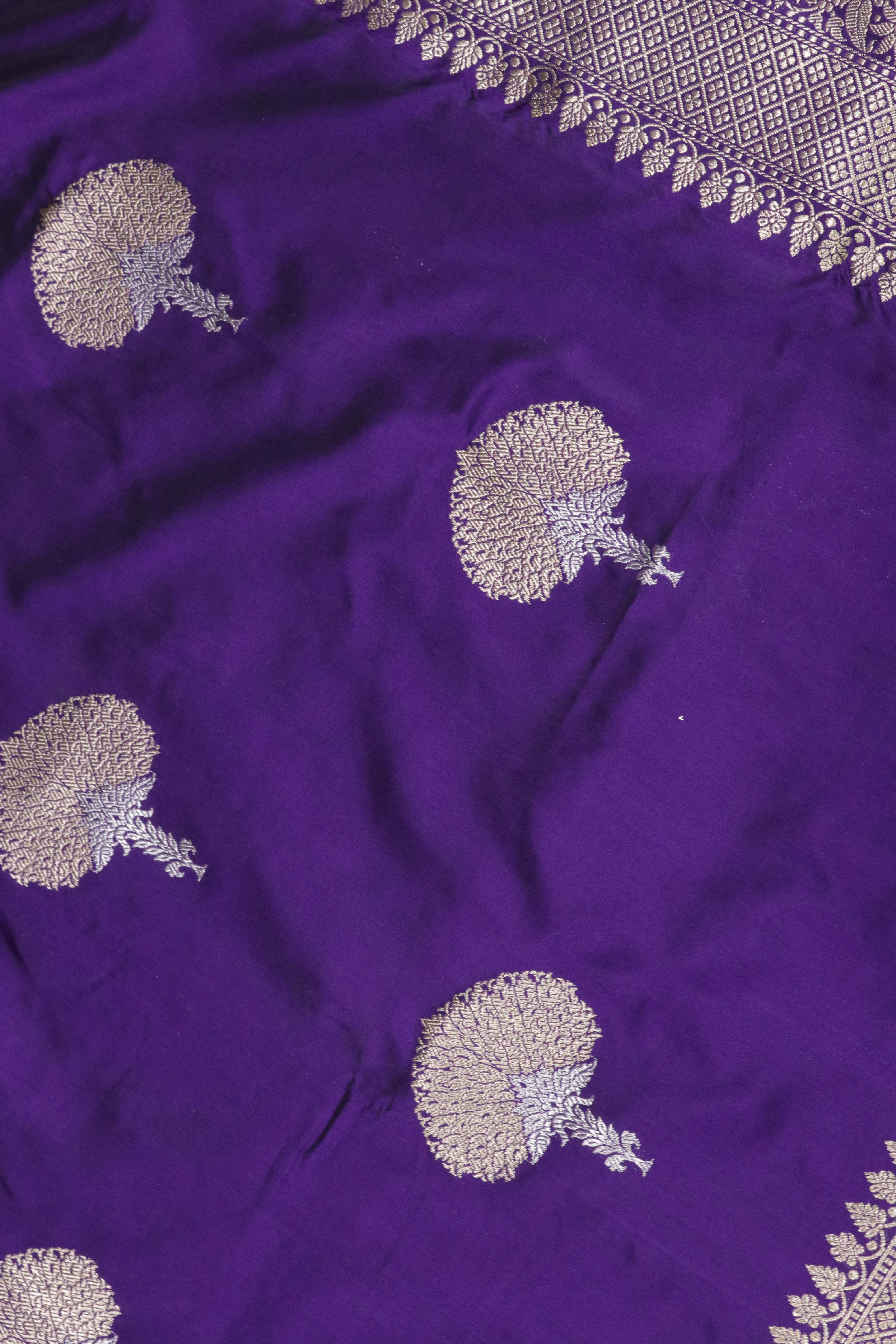 Purple Banarasi Silk Saree with Gold & Silver Zari Butta Borde