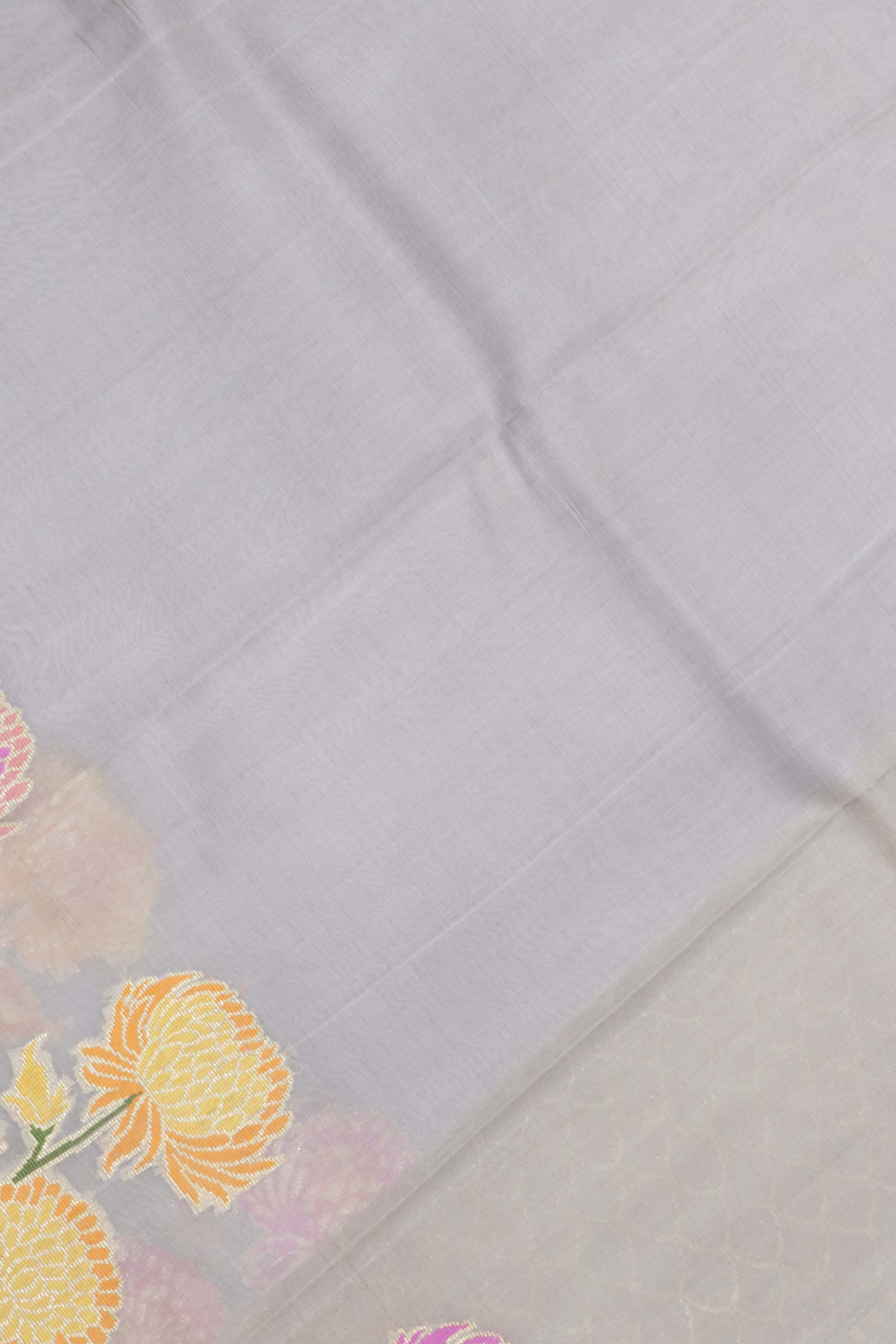 Ash Grey Banarasi Kora Silk Saree with Zari & Thread Woven Border