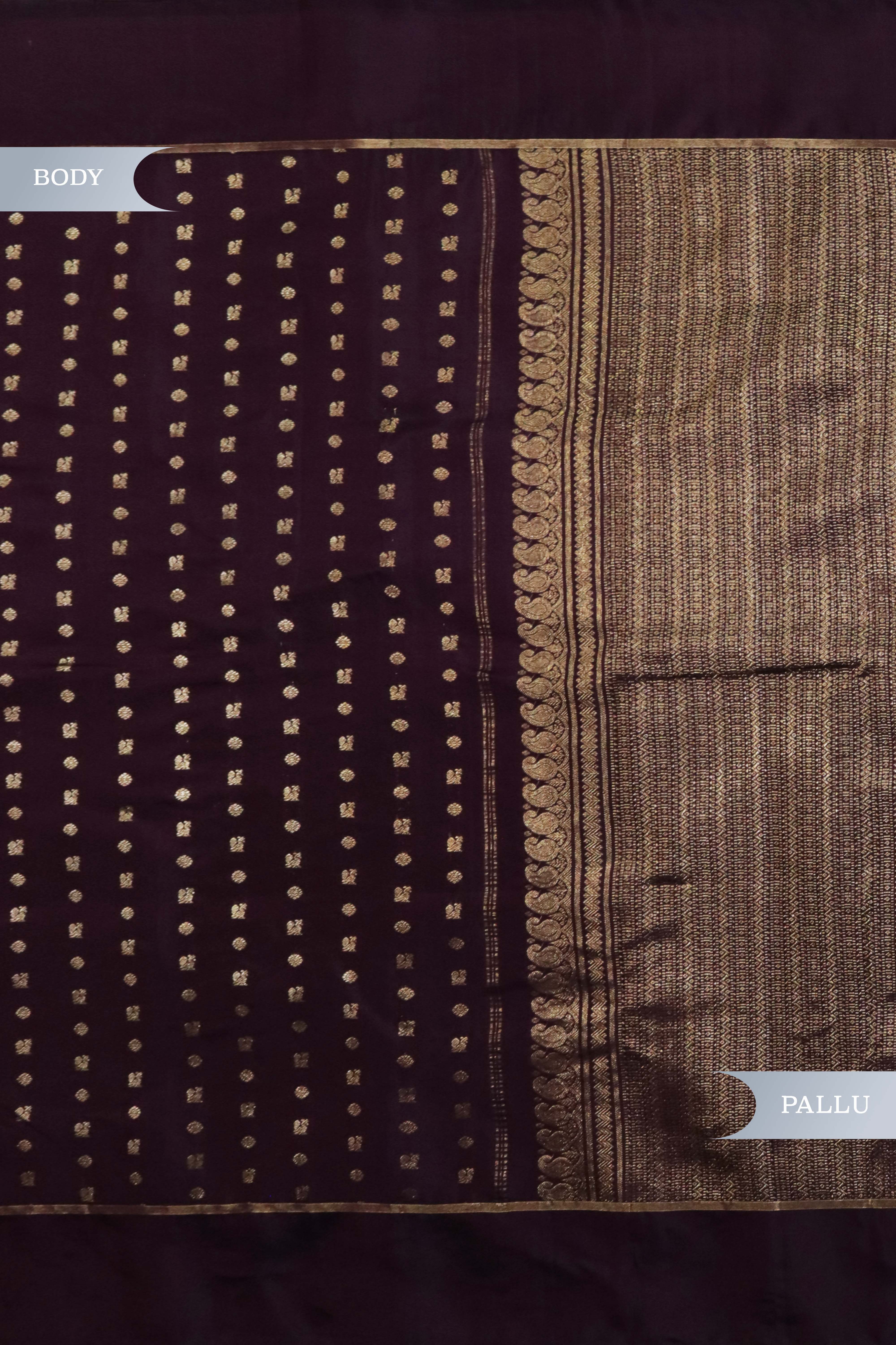 Dark Brown Kanchivaram Silk Saree with Small Zari Buttas & Plain Border