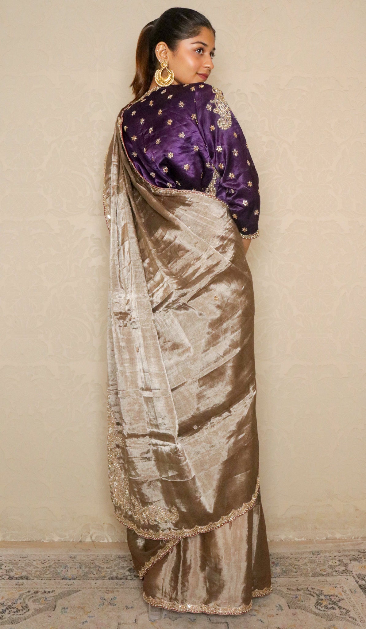 Silver Tissue Silk Saree with Purple Blouse
