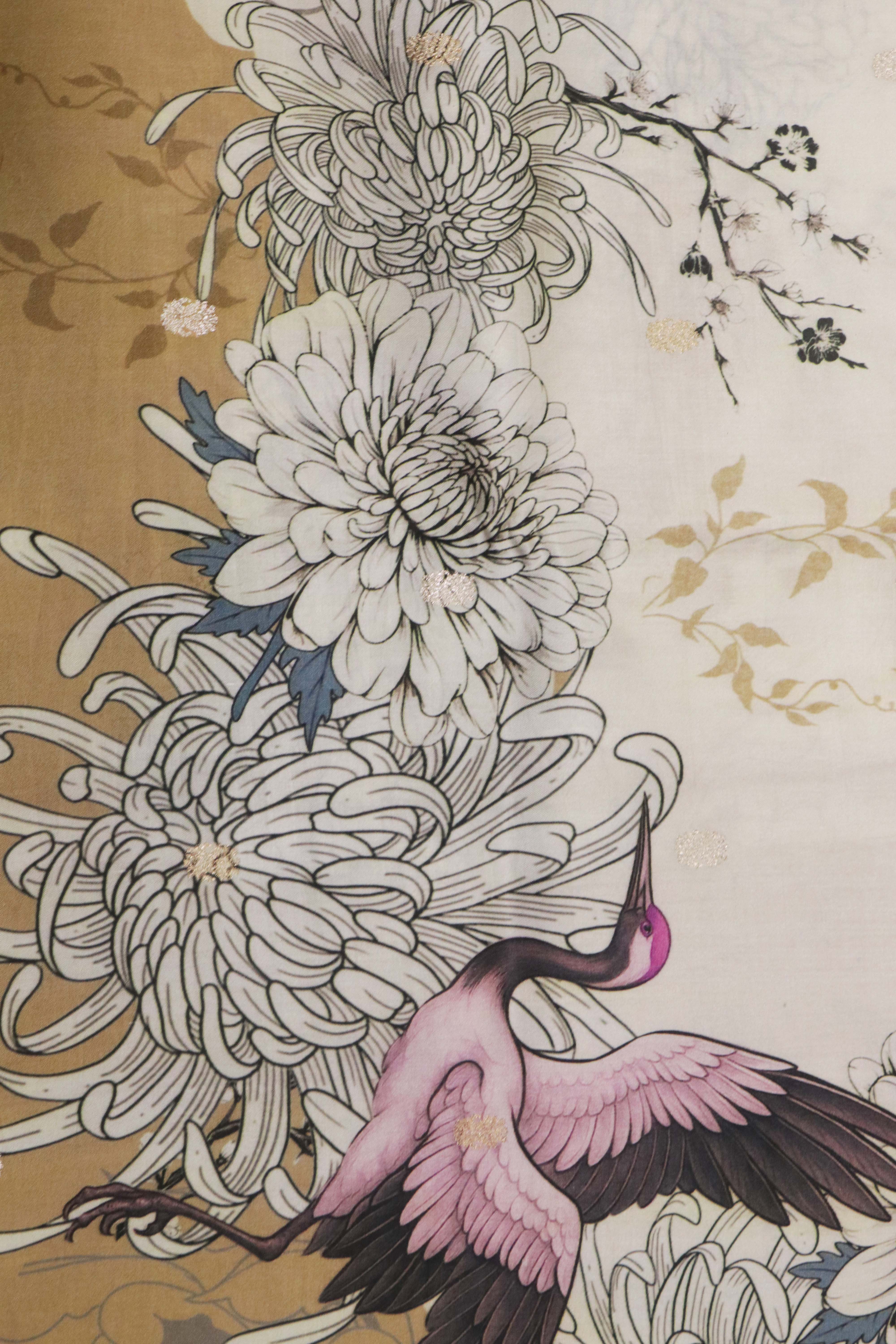 Off-White Gold Silk Saree Floral Animal Print with Zari Motifs