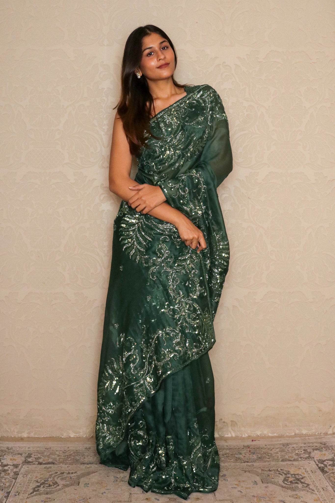 Emerald Green Organza Saree with Sequin & Bead Embroidery
