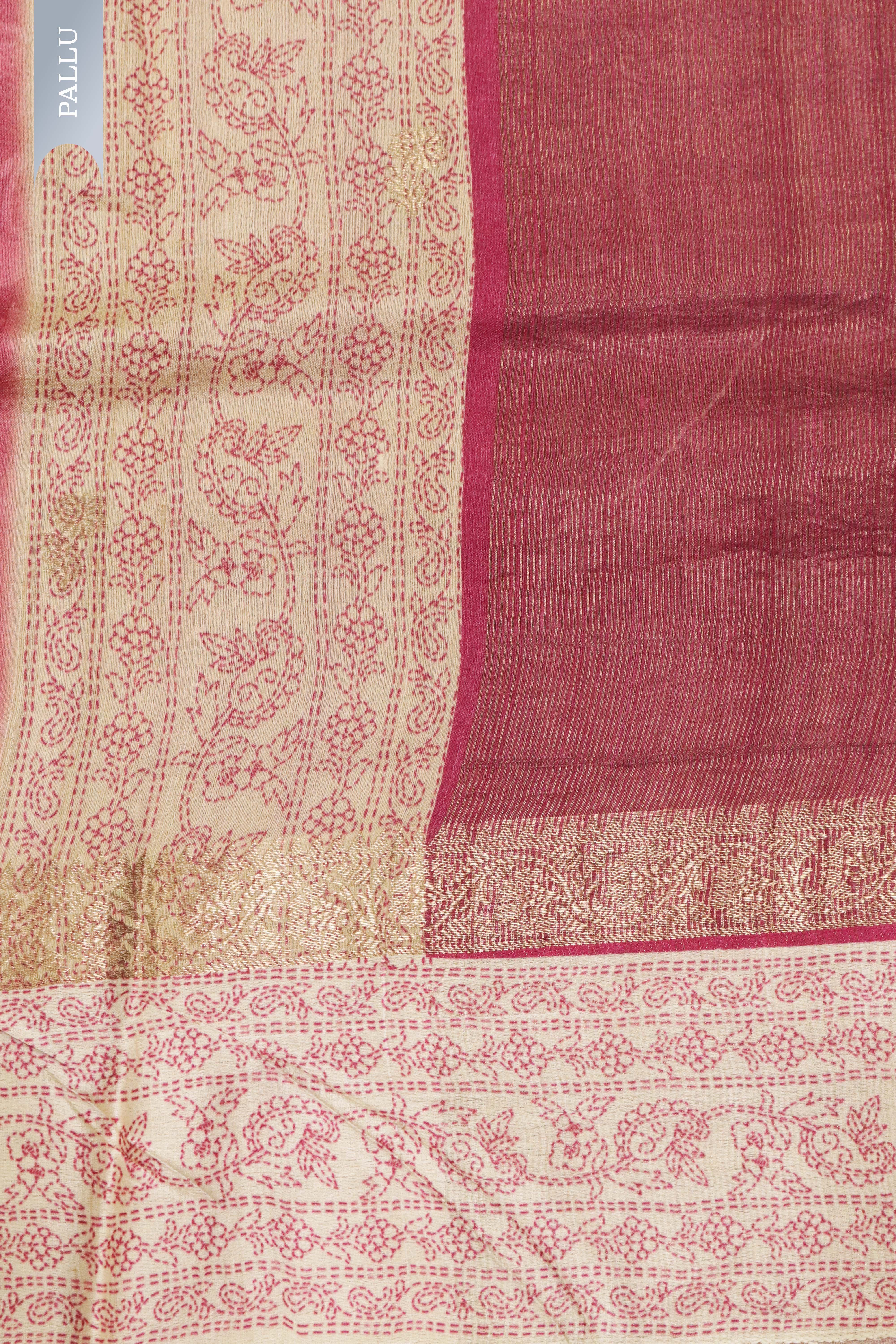 Reddish Pink Banaras Tussar Silk Saree with Zari Motifs & Satin Border