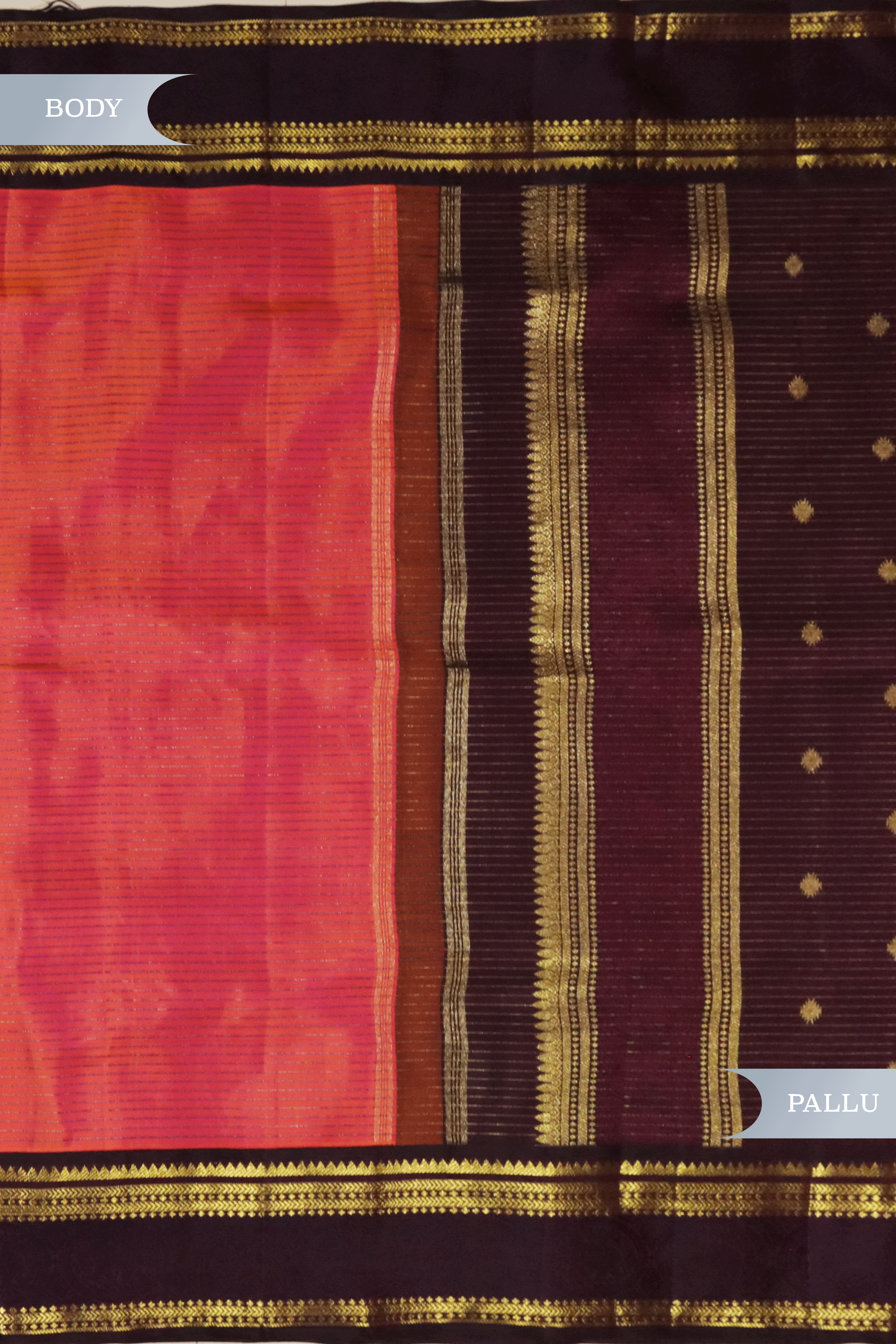 Coral Orange Kanchivaram Silk Saree with Brown Border