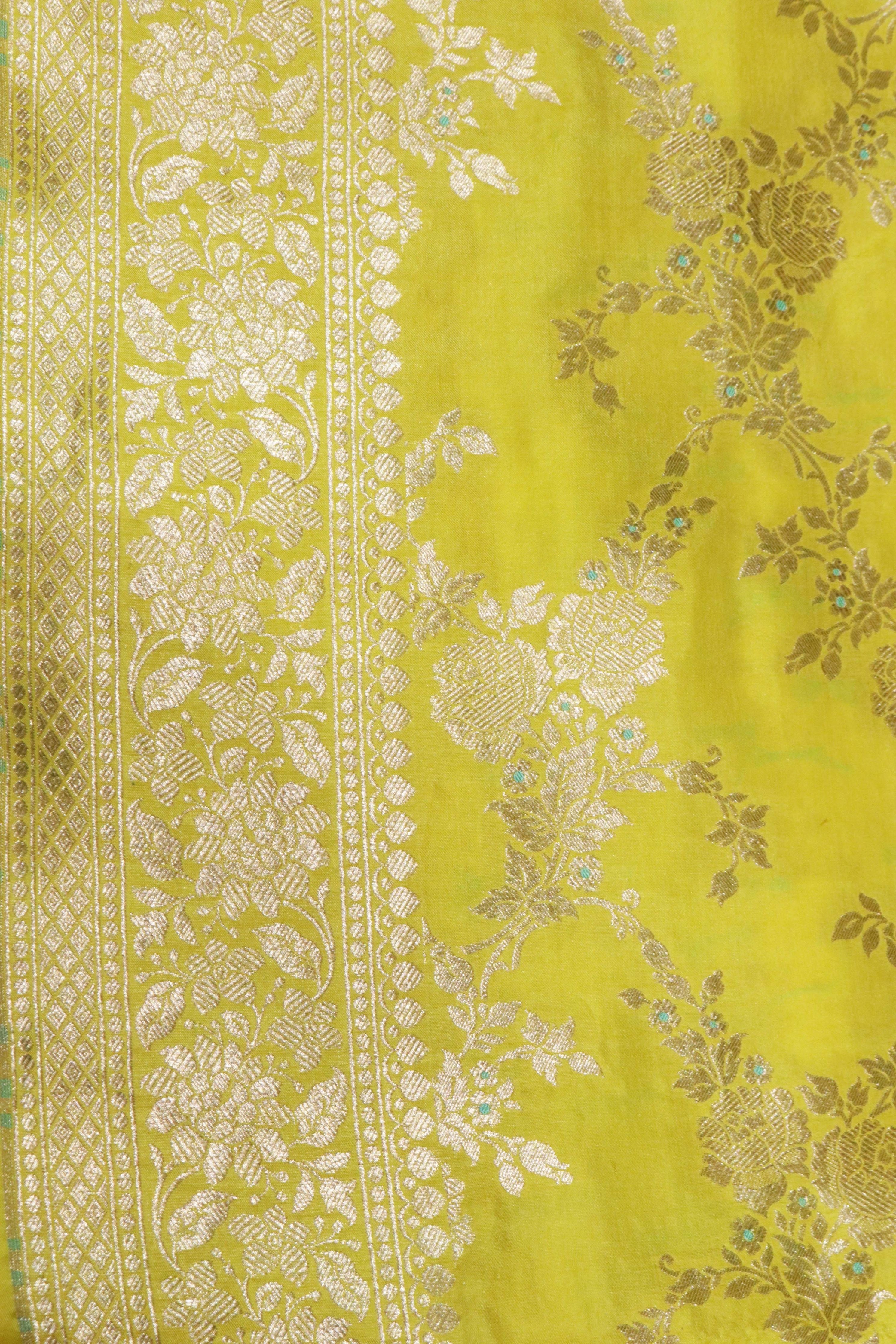Lemon Yellow Banarasi Silk Saree with Zari Jaal - Mokshaa