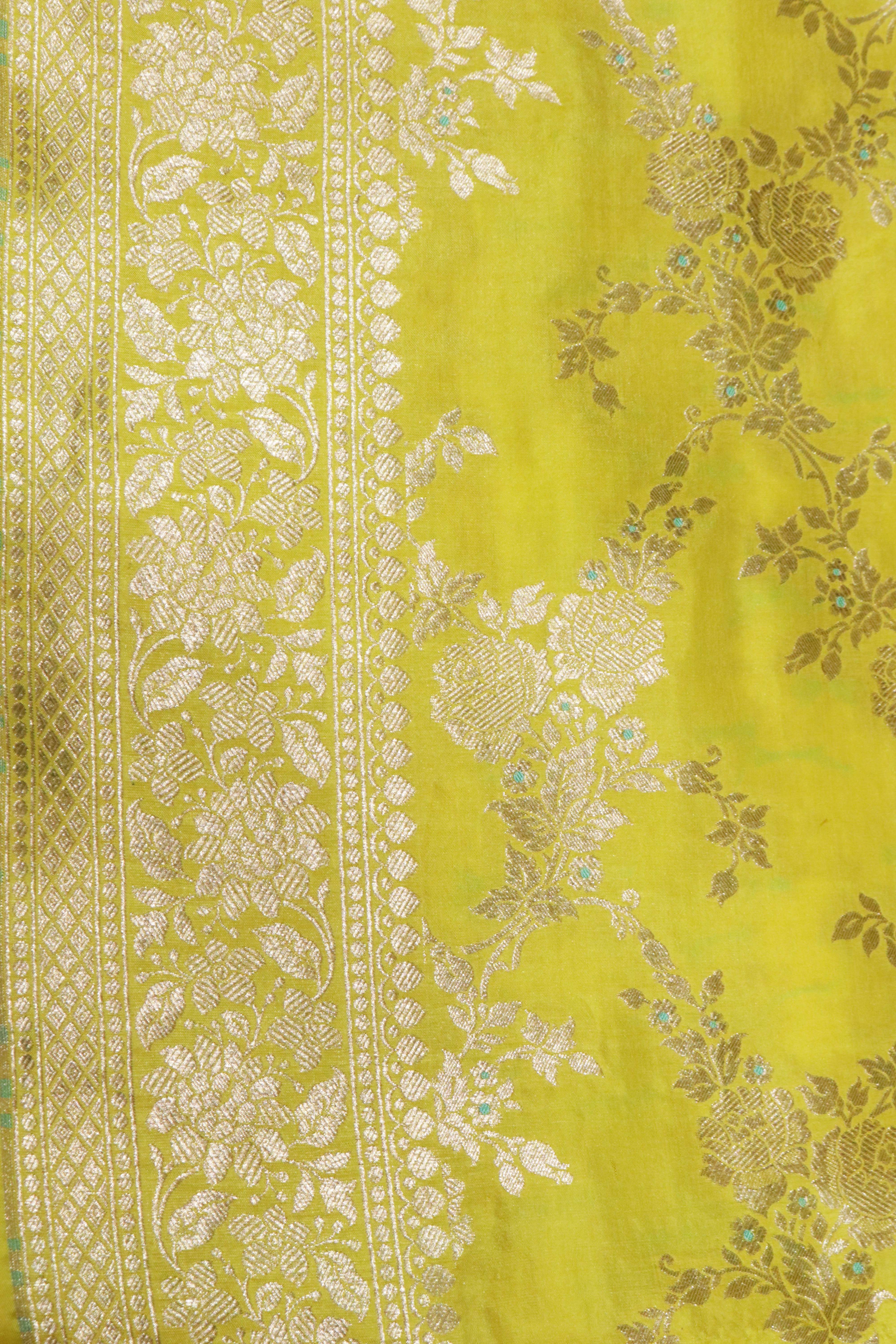 Lemon Yellow Banarasi Silk Saree with Zari Jaal