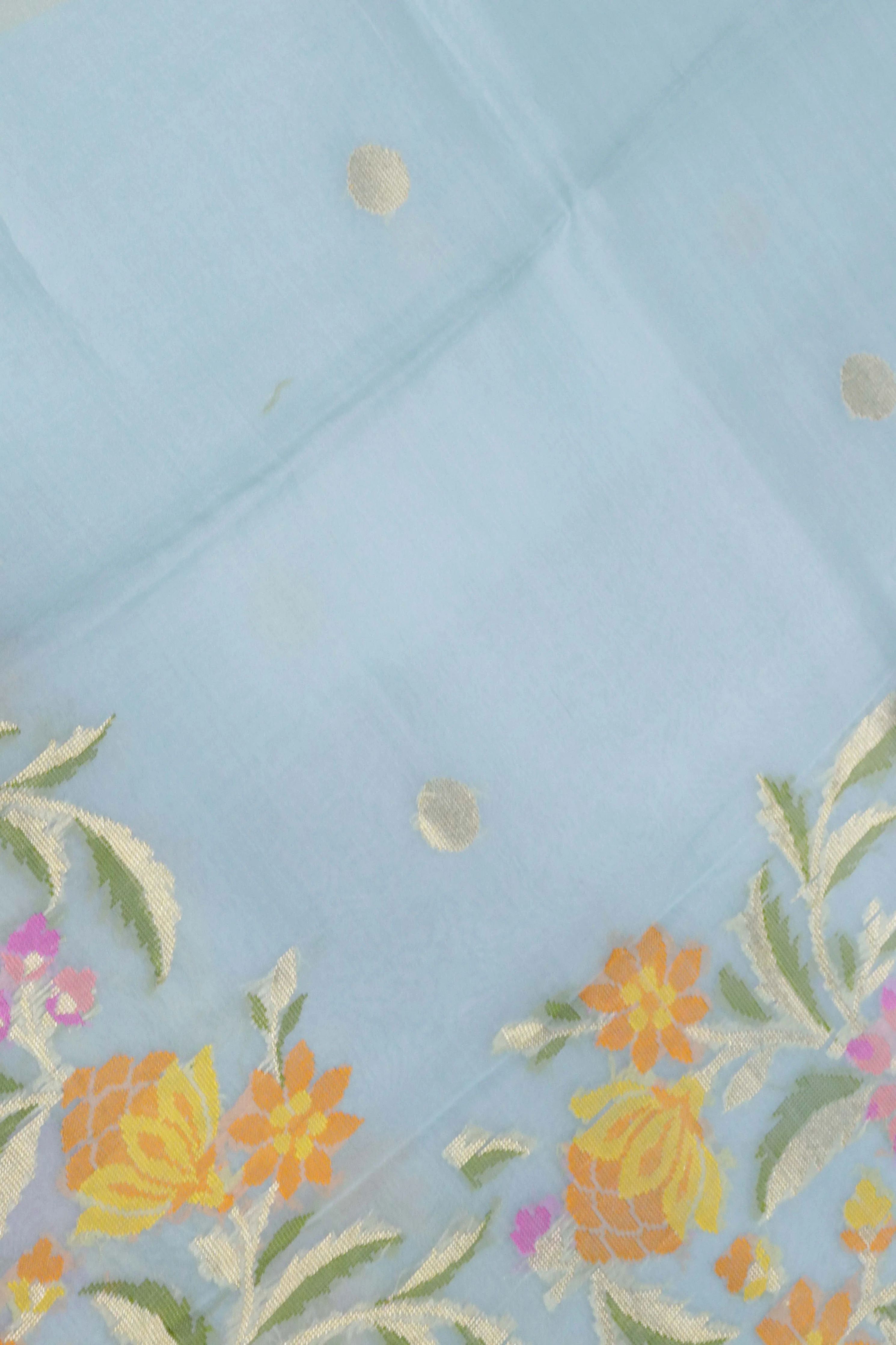 Ice Blue Banarasi Kora Silk Saree with Multi-Thread Zari Weaving - Mokshaa