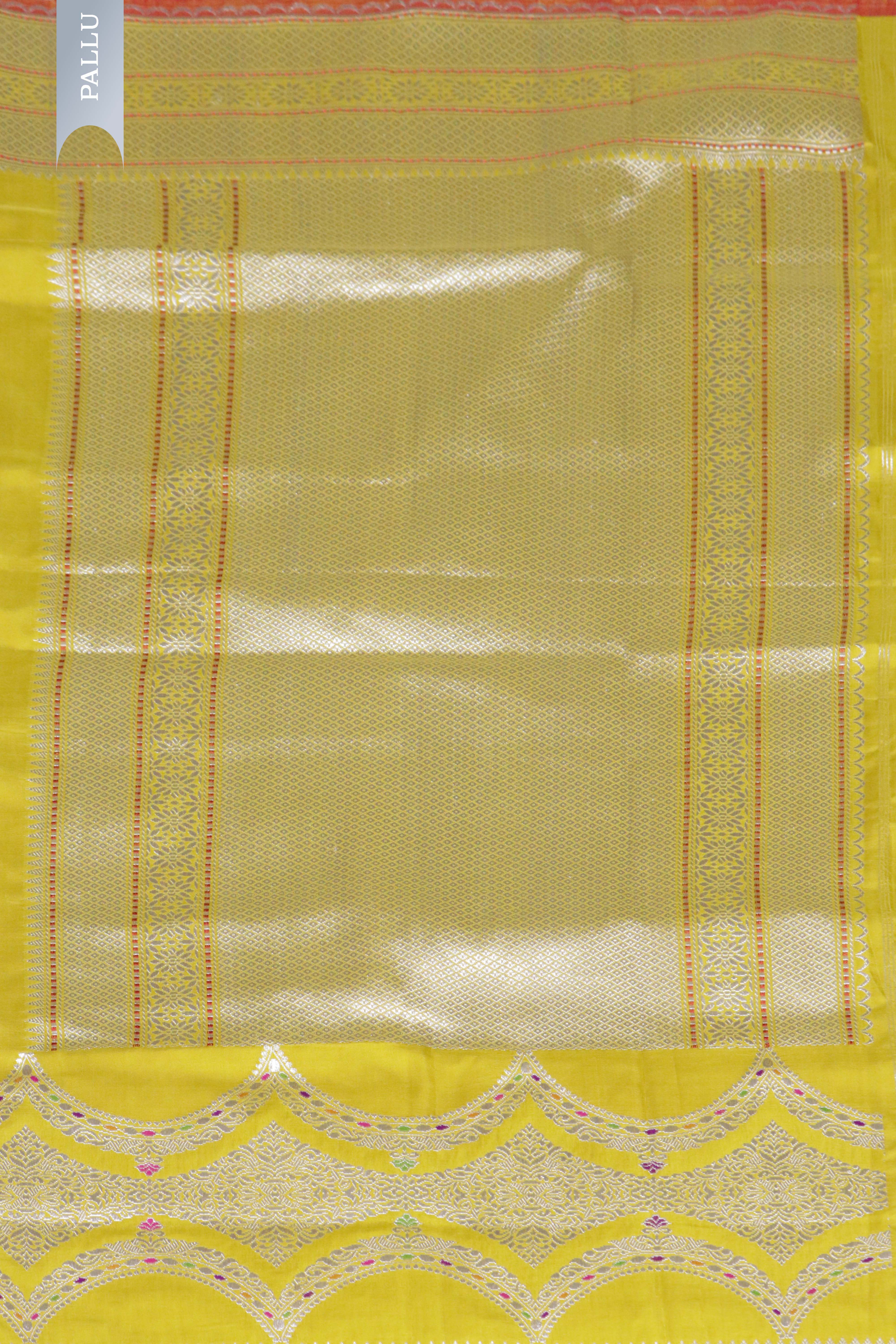 Mustard Yellow Banarasi Silk Saree with Fancy Border & Contrast Blouse