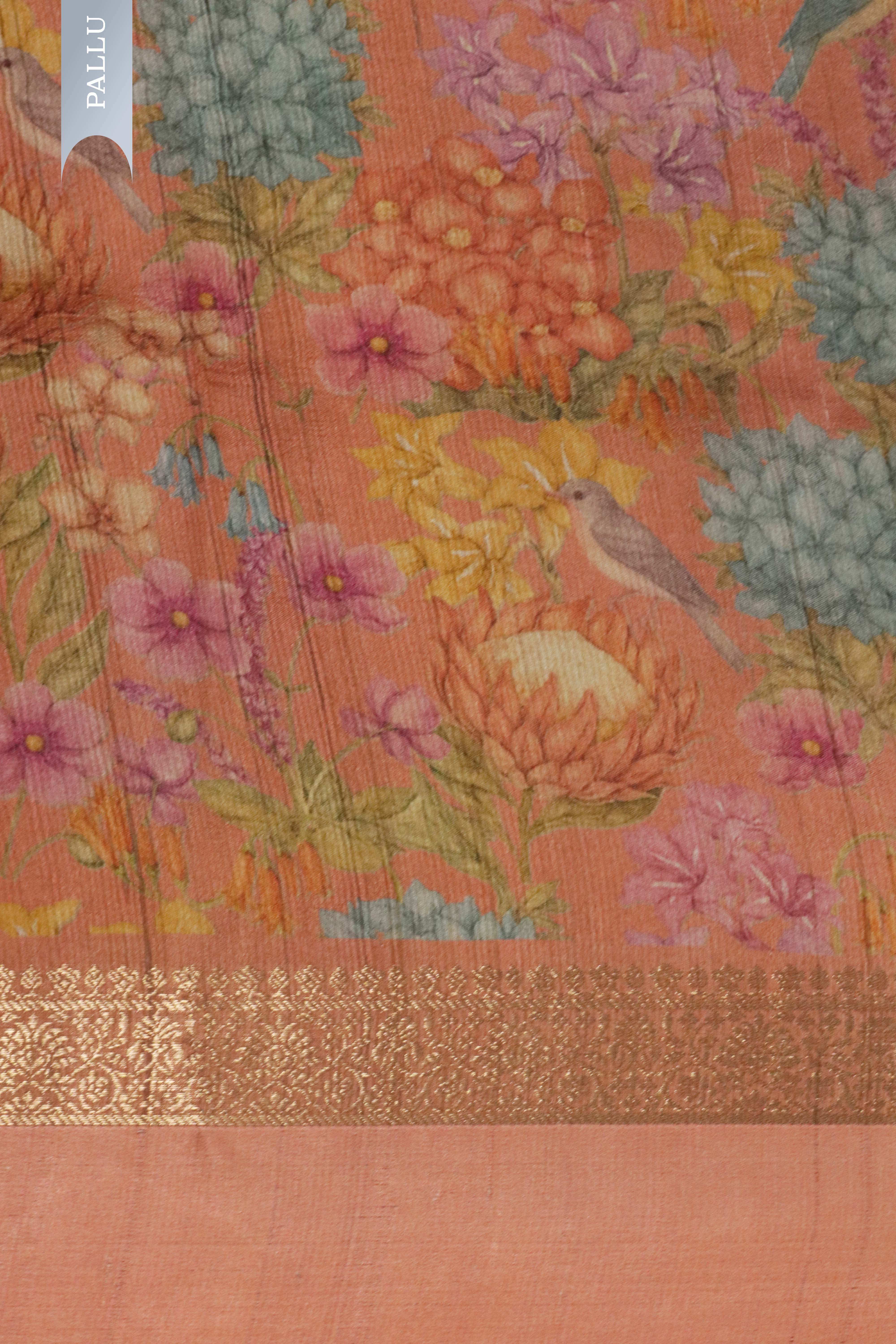 Peach Tussar Silk Saree with Golden Buttas & Floral Printed Border