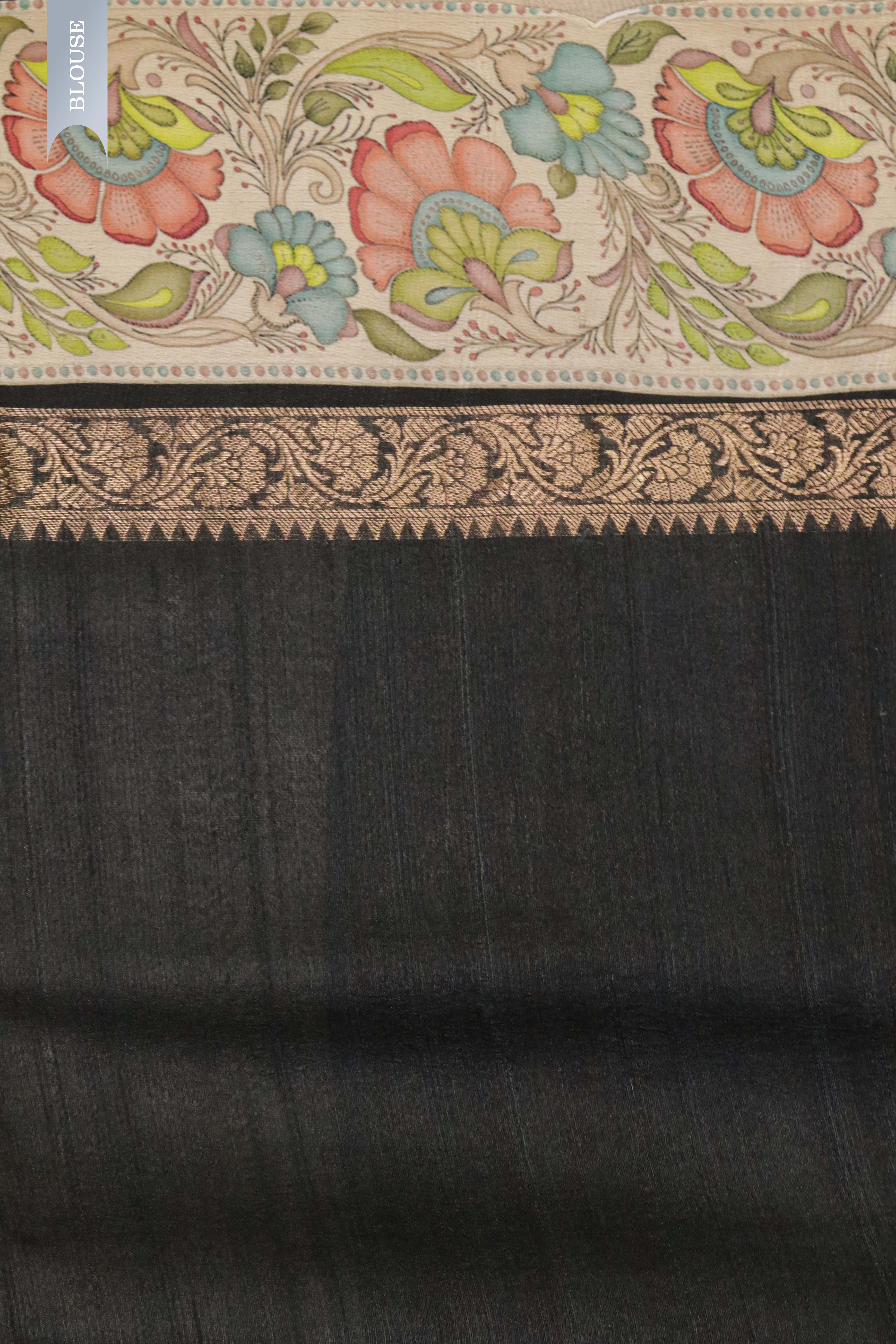 Black & Grey Banaras Tussar Silk Saree with Zari Motifs & Kalamkari Border