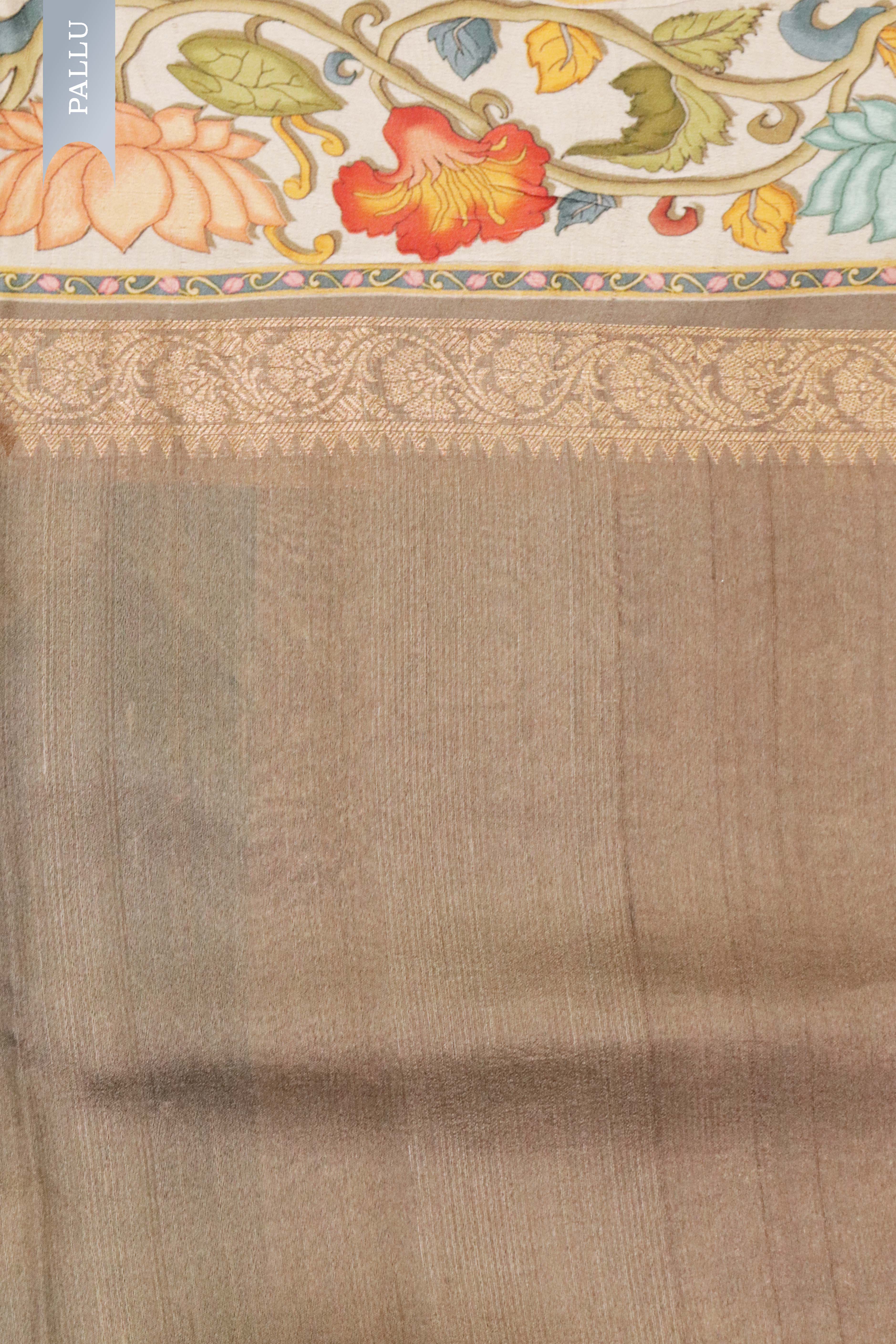 Blue-Green Tussar Silk Saree with Zari Motifs & Printed Border