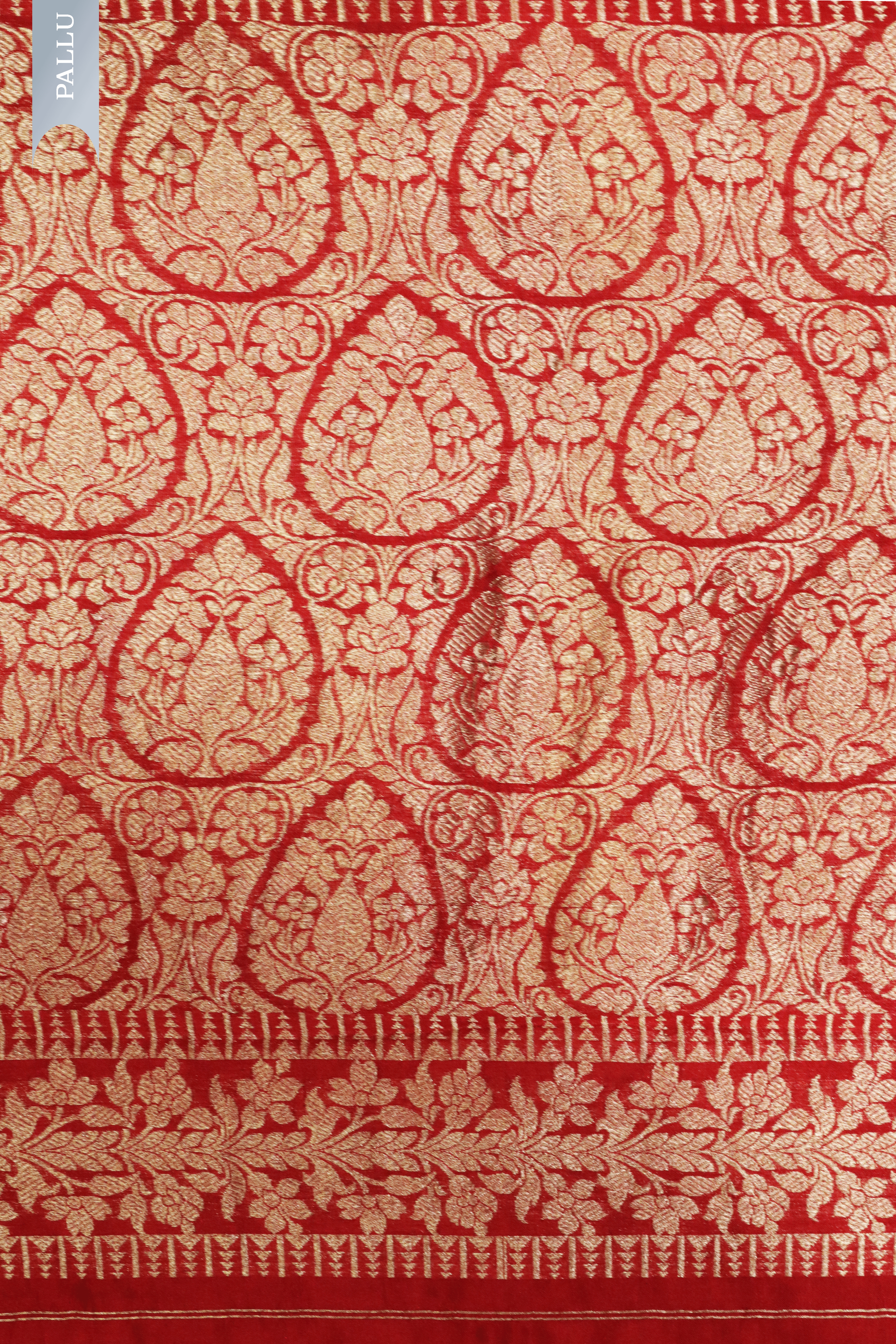 Red Banarasi Chanderi Silk Saree with Golden & Silver Motifs and Satin Border