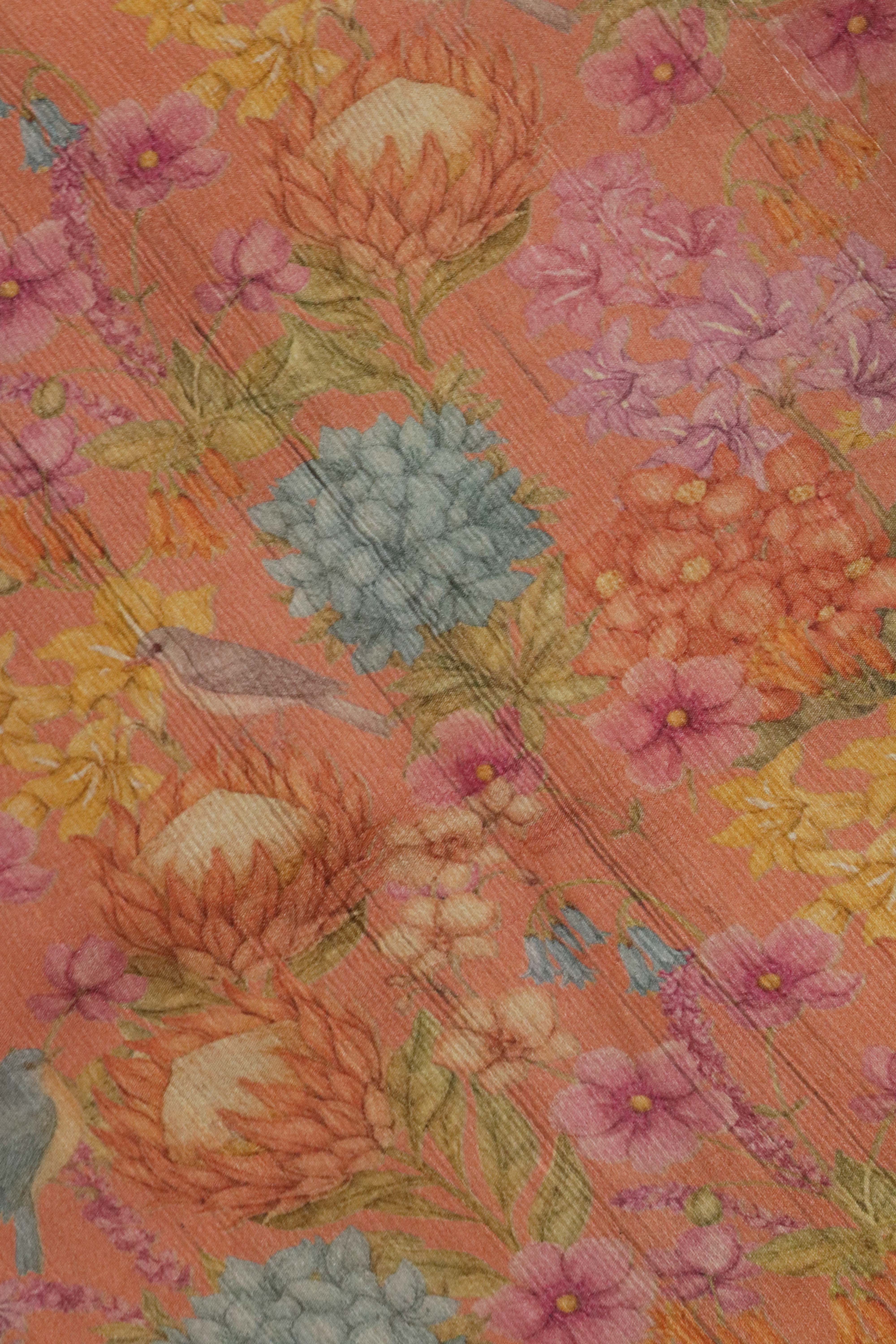Peach Tussar Silk Saree with Golden Buttas & Floral Printed Border