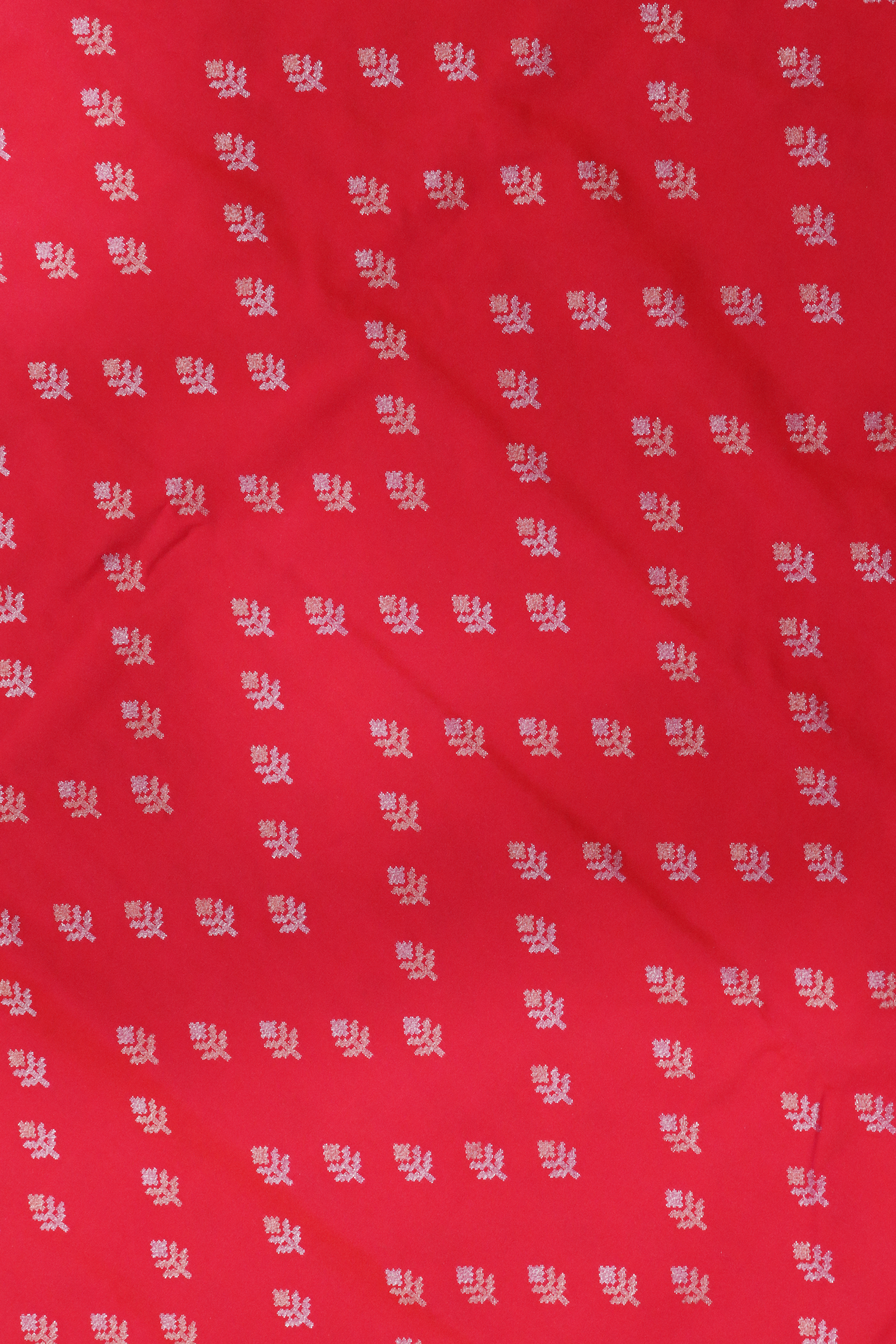 Red Semi Silk Saree with Gold-Silver Buttis & Floral Zari Border