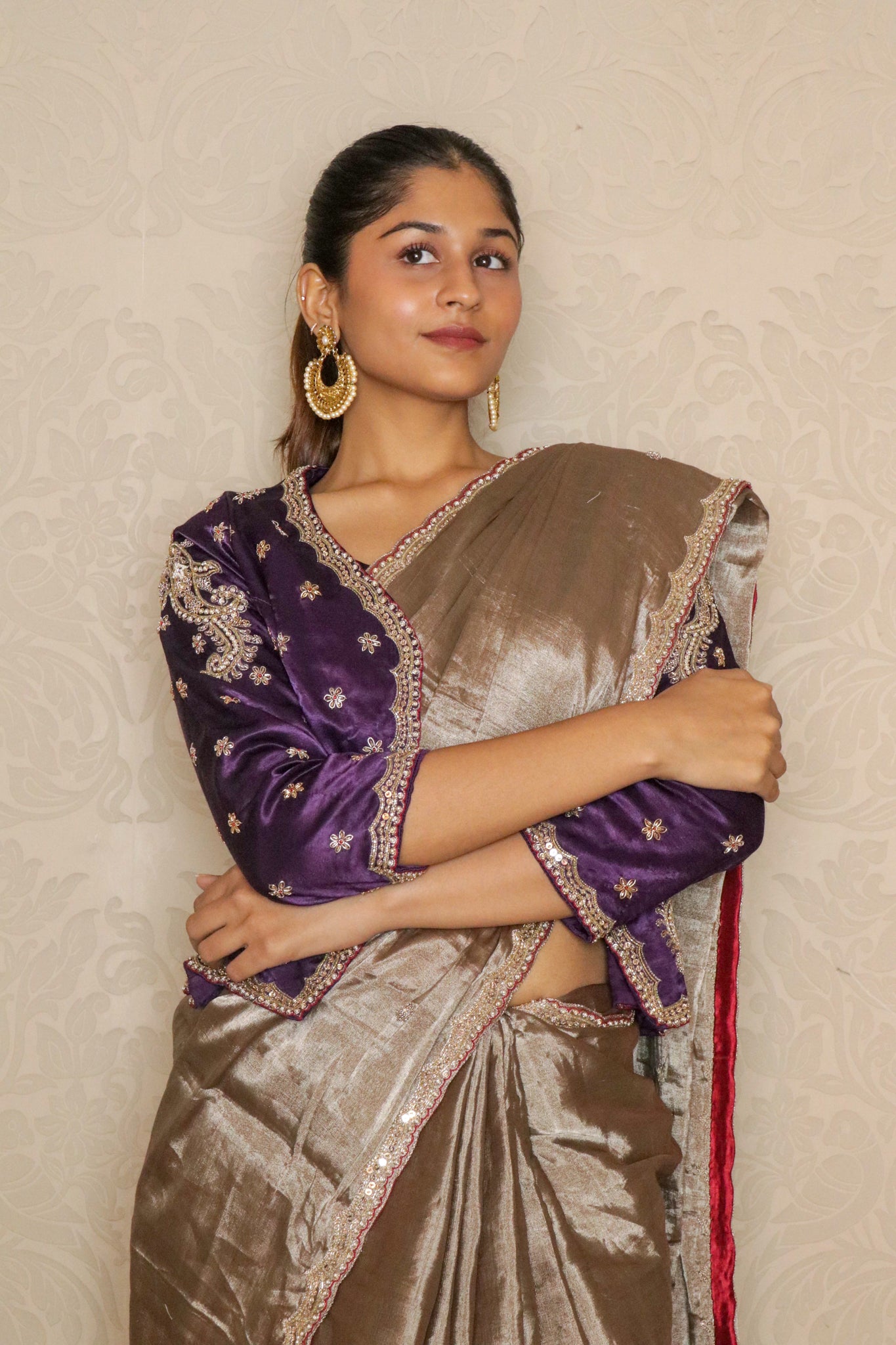 Silver Tissue Silk Saree with Purple Blouse