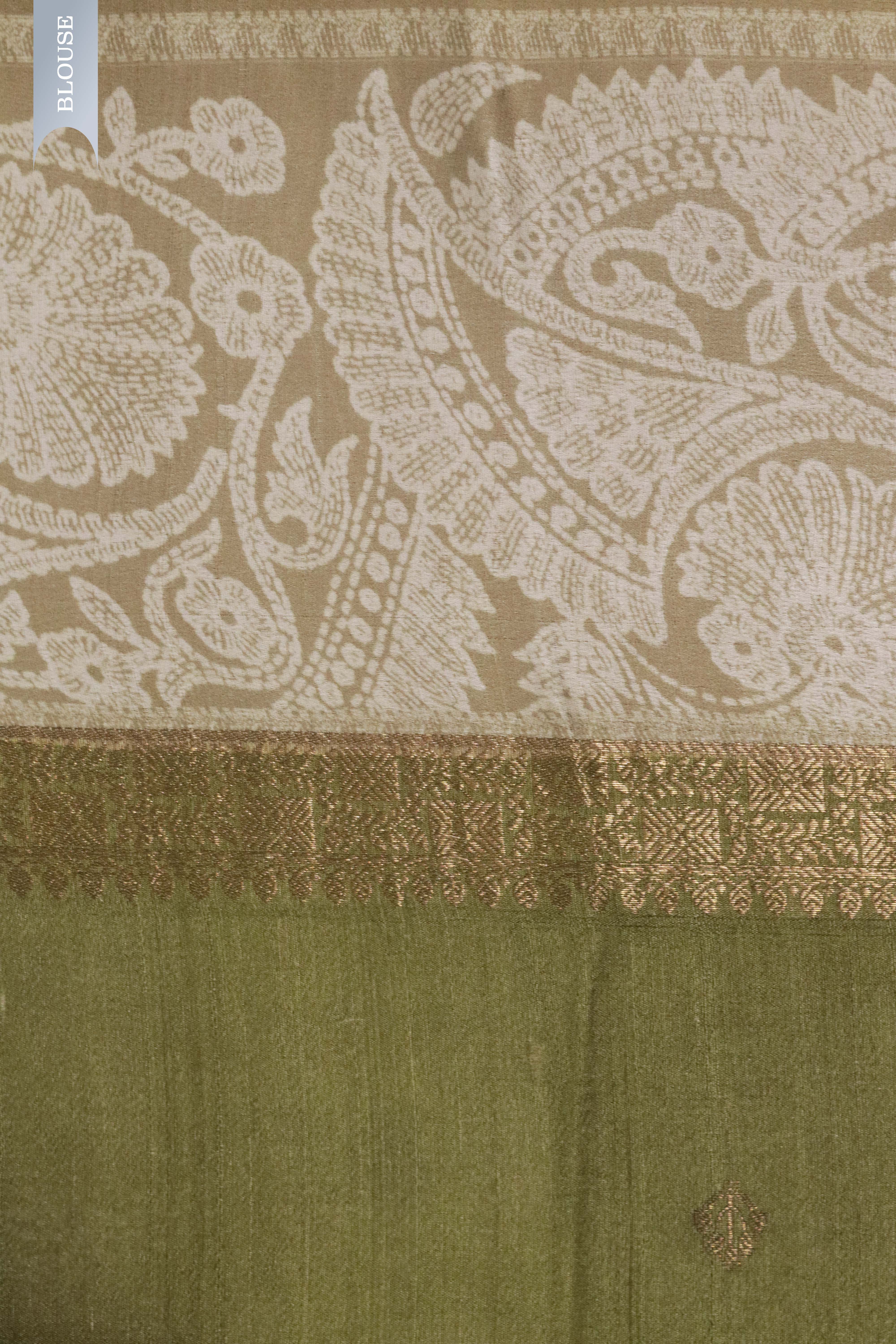 Green Tussar Silk Saree with Zari Buttas & Printed Border