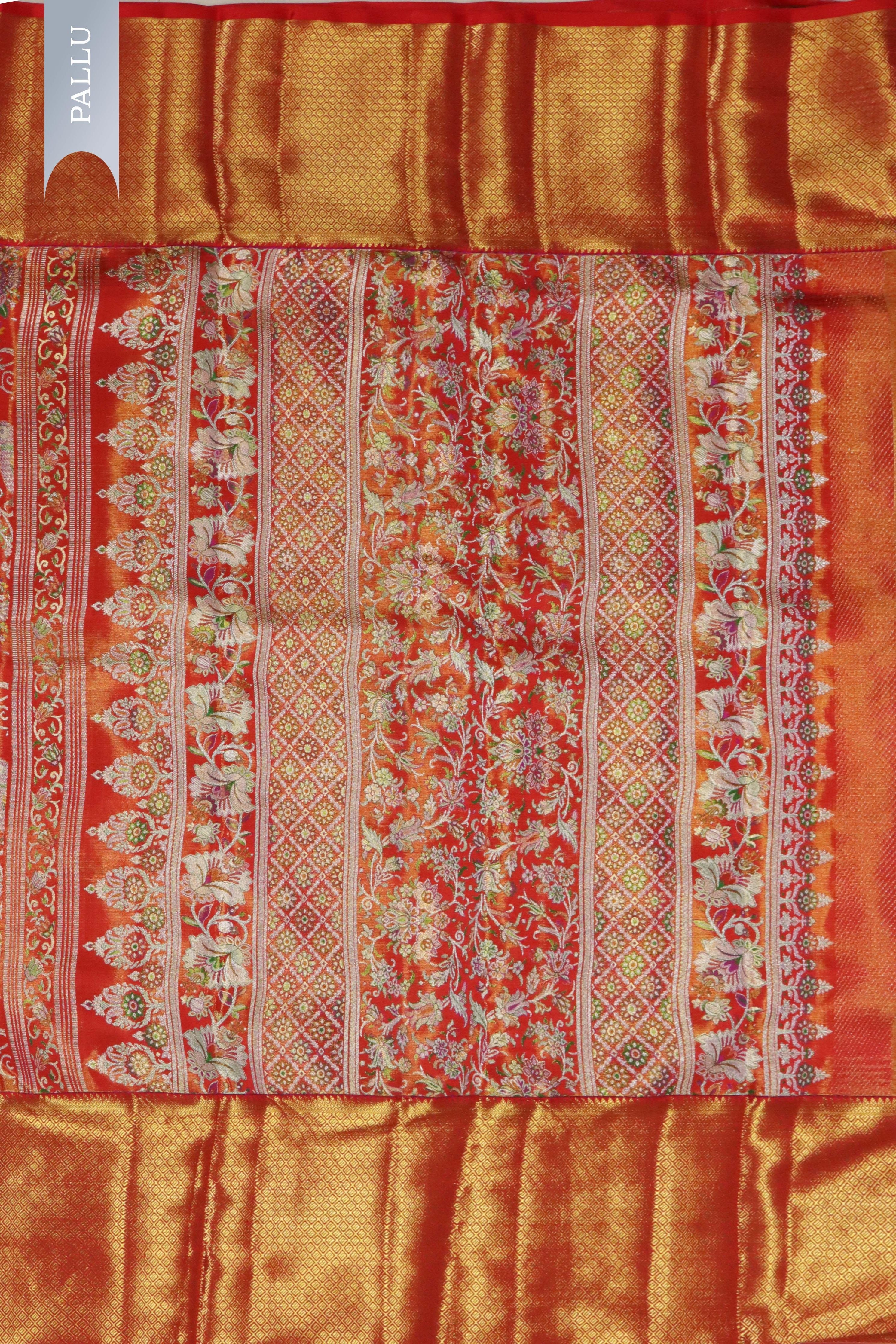 Rust Red Kanchivaram Tissue Silk Saree with Meena Weaving & Zari Border - Mokshaa
