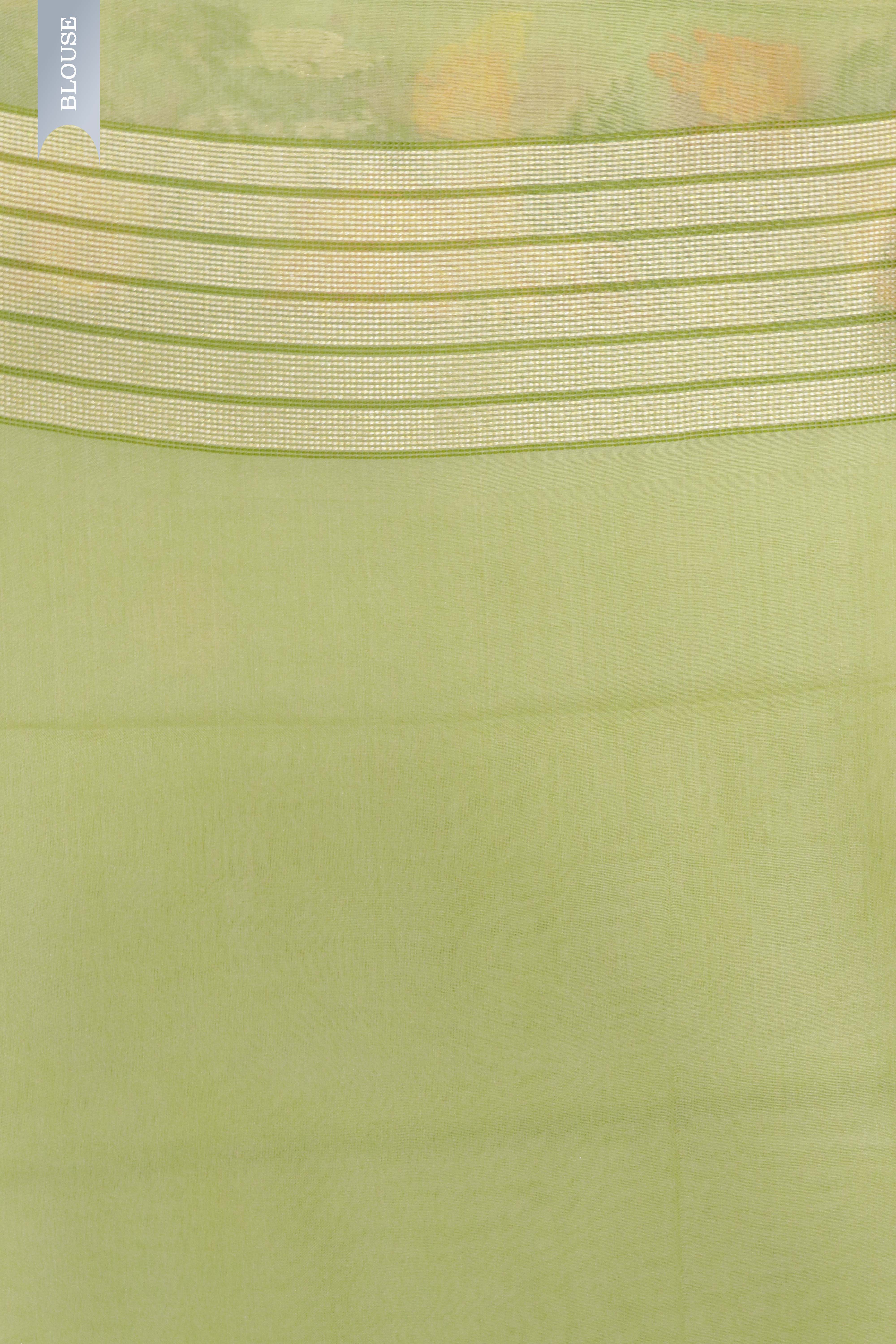Pista Green Banarasi Kora Silk Saree with Multicolor Zari & Thread Weaving