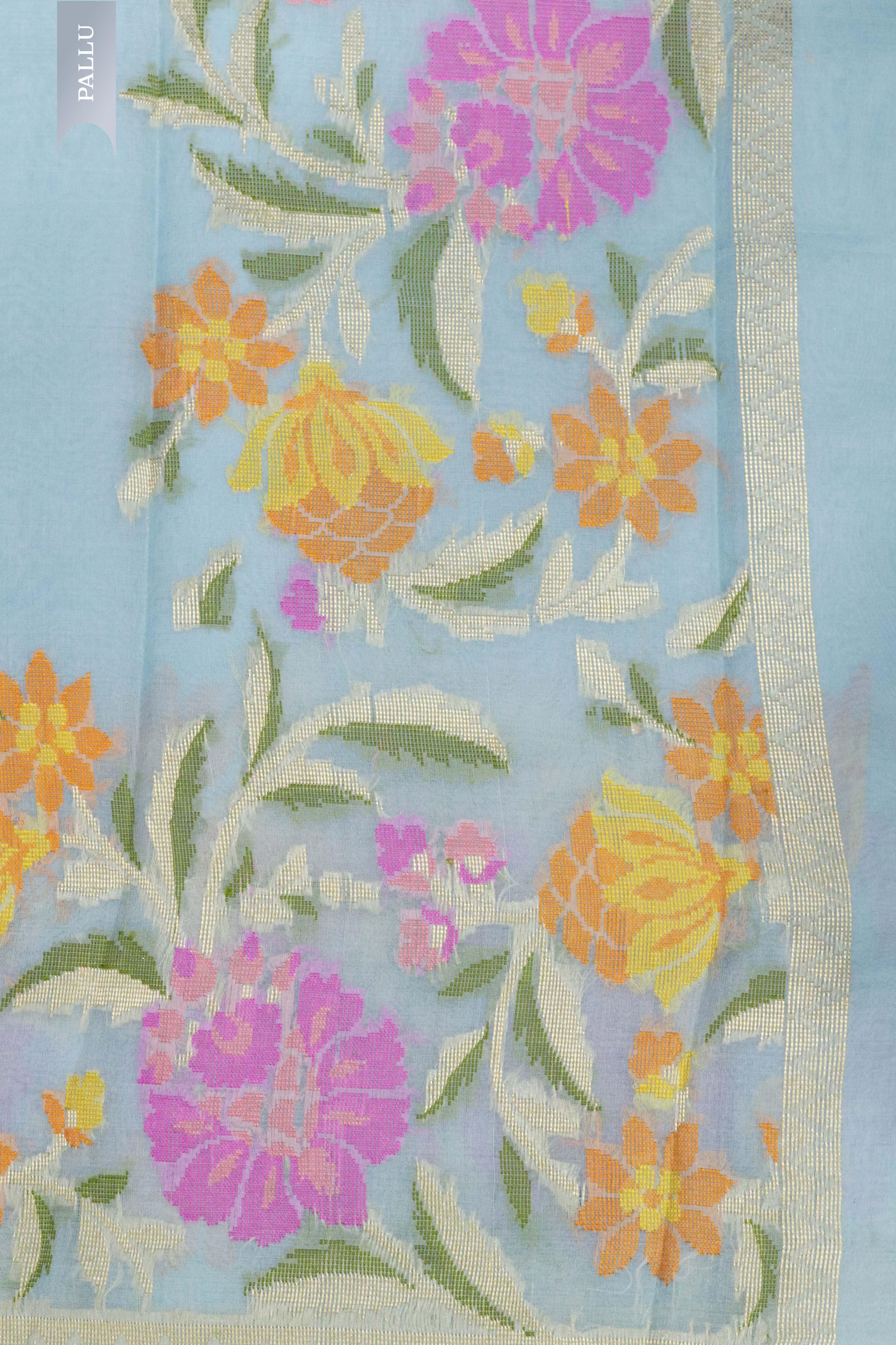 Ice Blue Banarasi Kora Silk Saree with Multi-Thread Zari Weaving - Mokshaa
