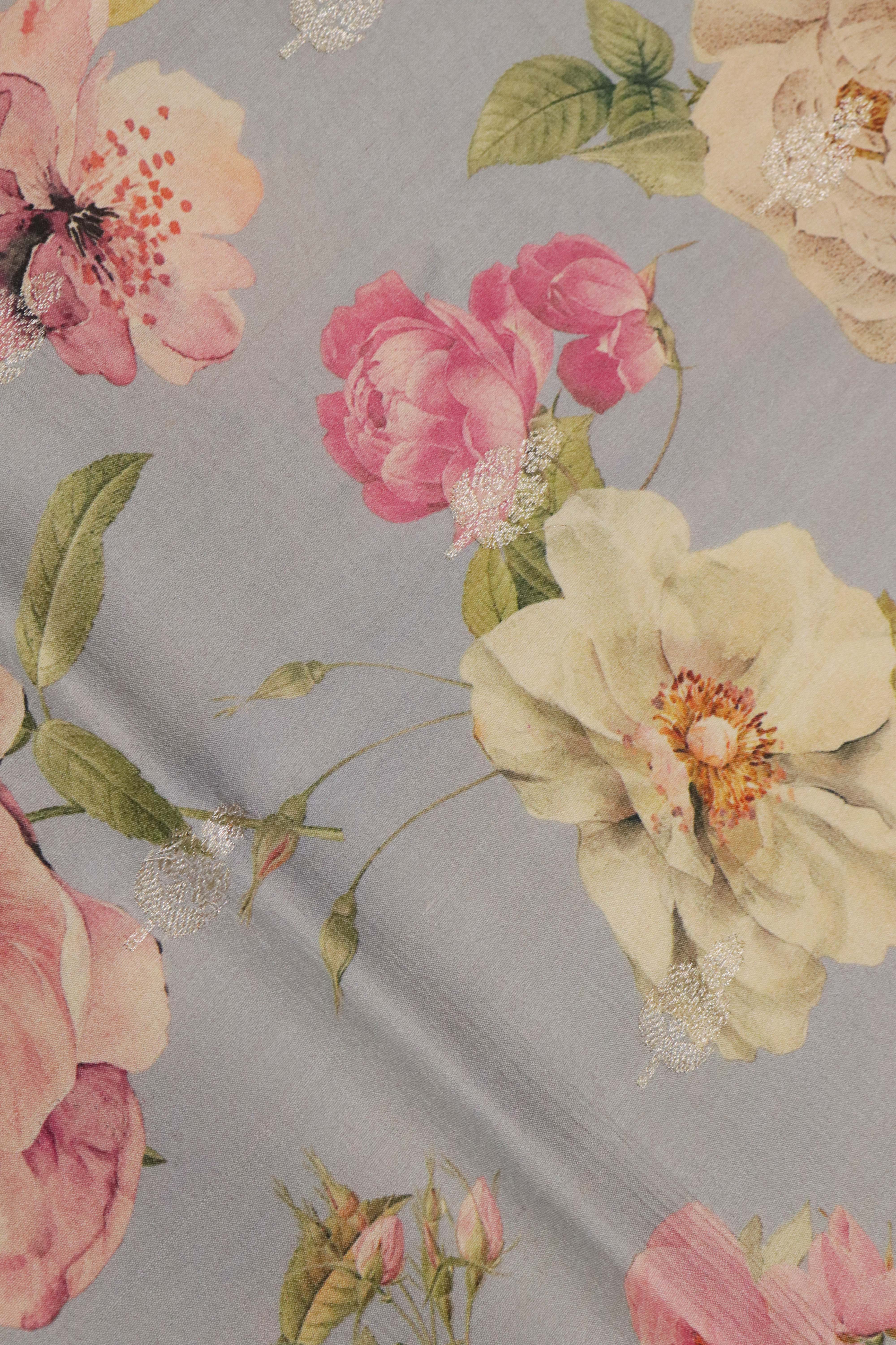 Powder Blue Tussar Silk Saree with Floral Print & Zari Border