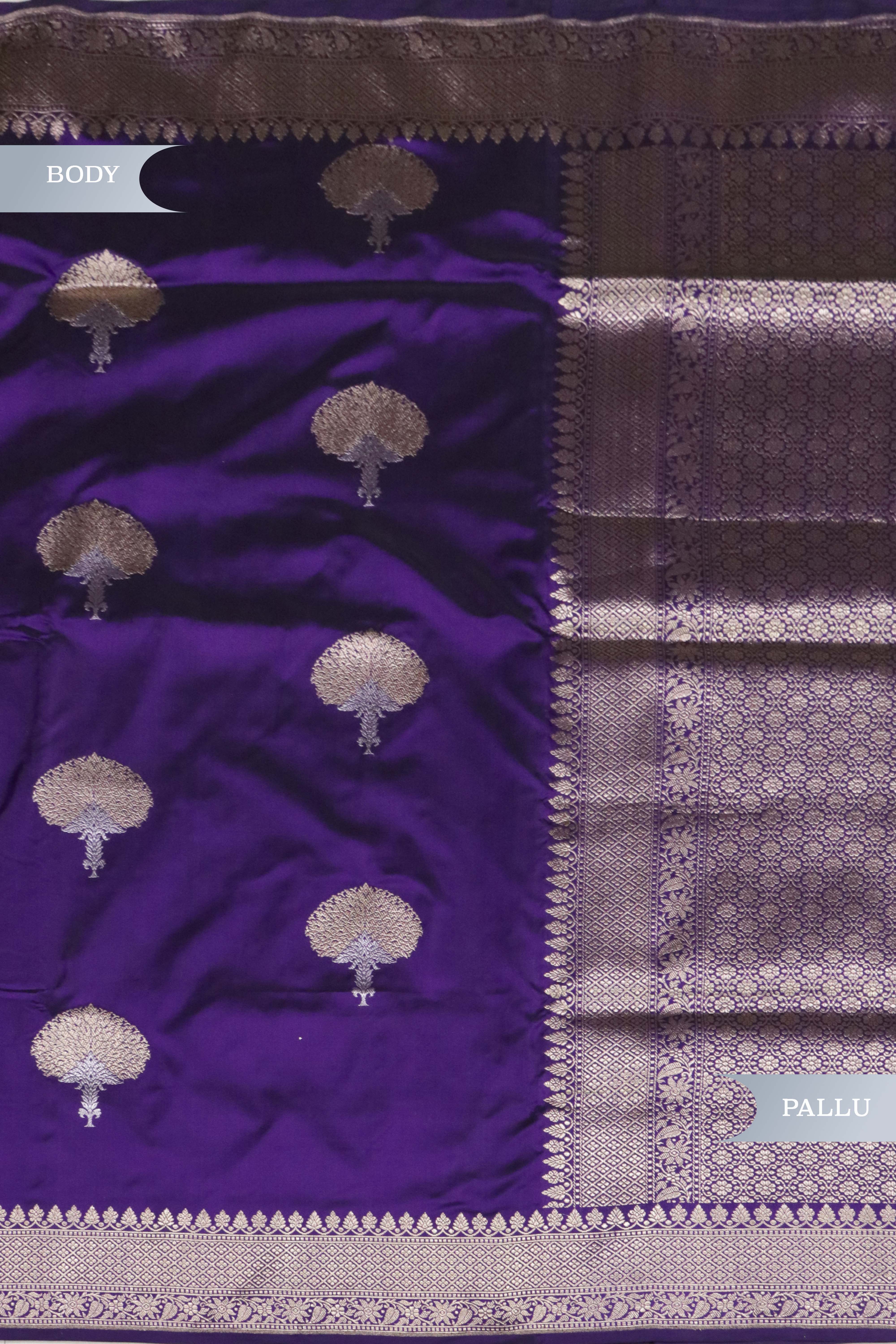 Purple Banarasi Silk Saree with Gold & Silver Zari Butta Borde