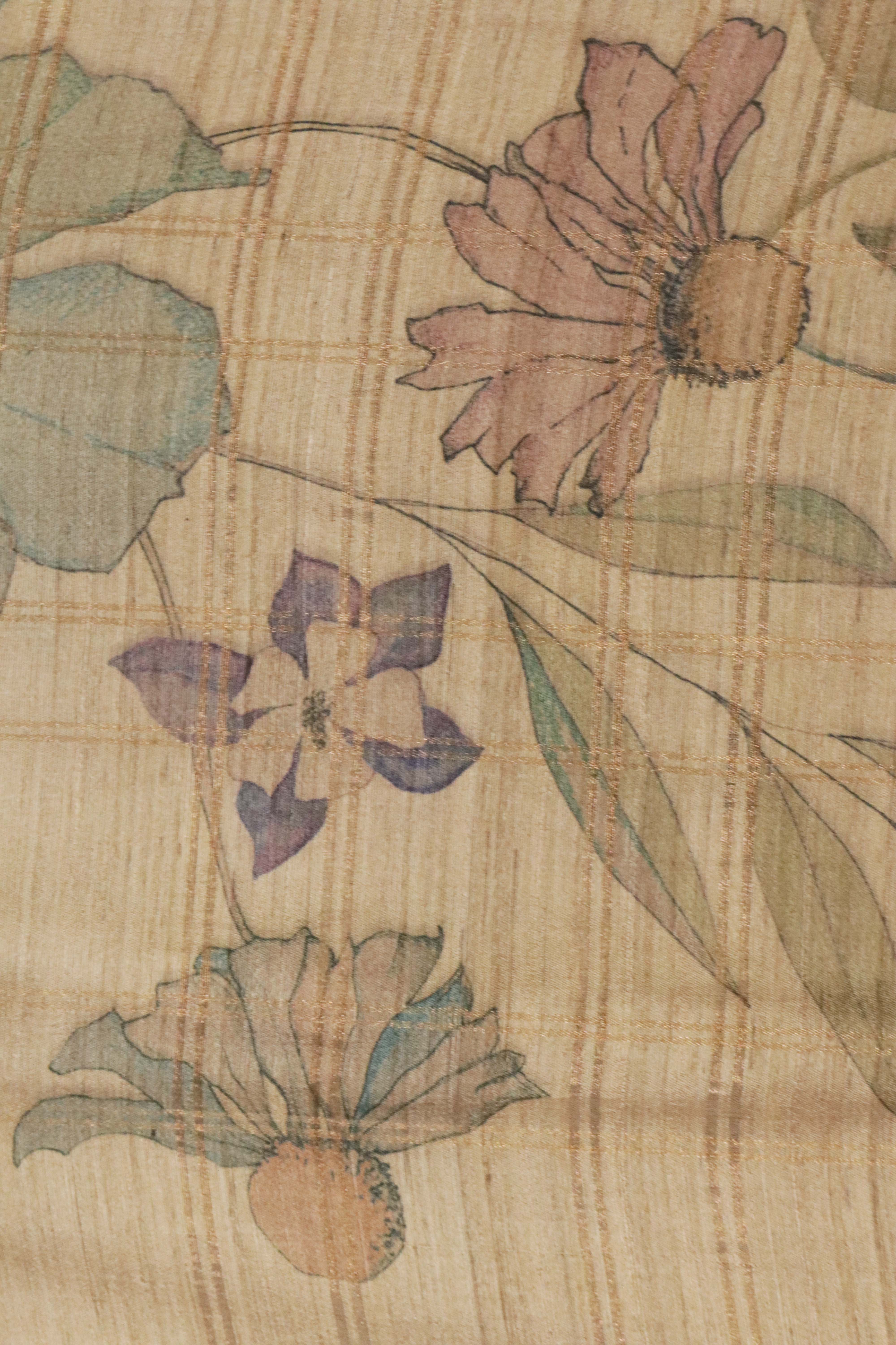 Beige Tussar Silk Saree with Zari Checks & Floral Print