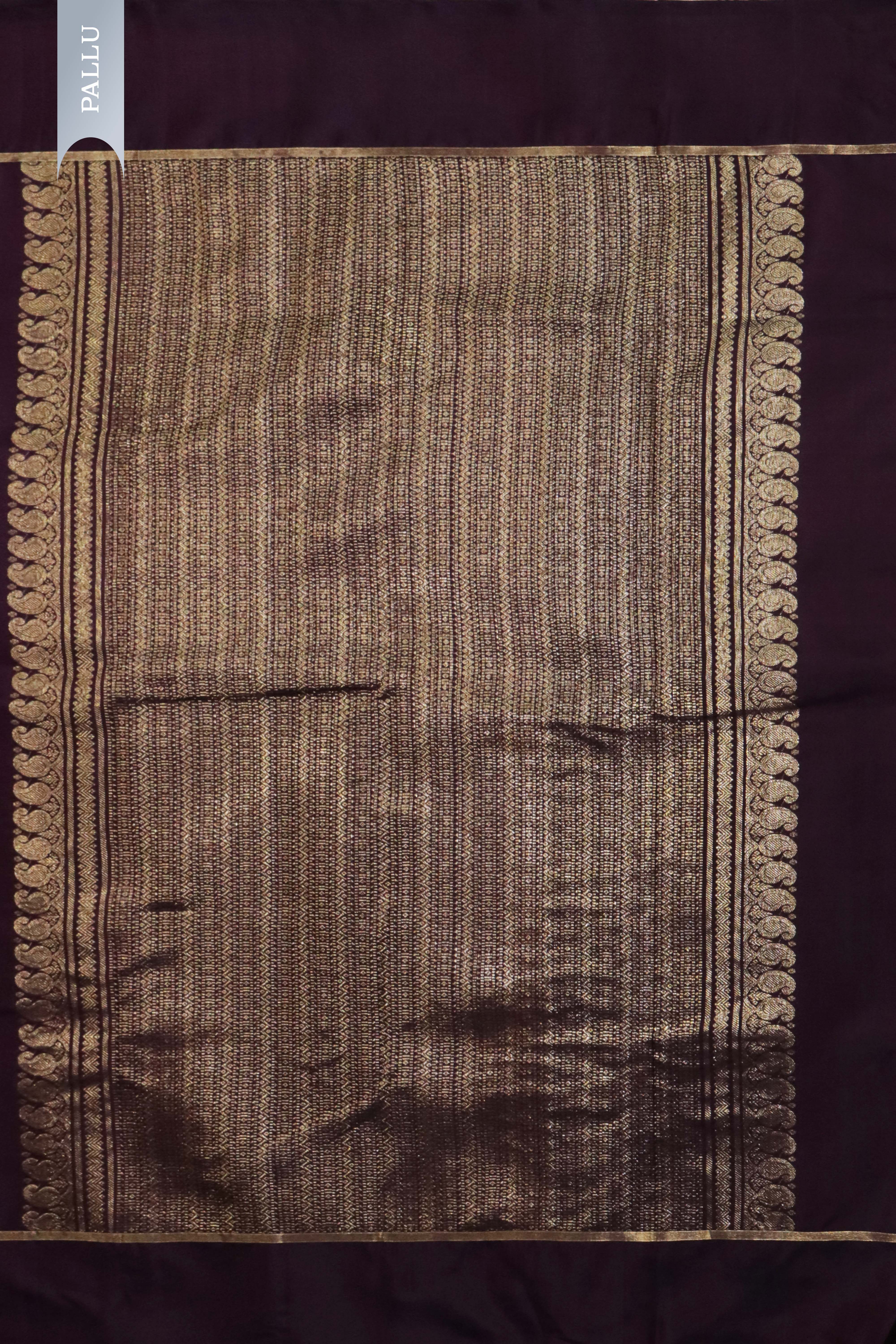 Dark Brown Kanchivaram Silk Saree with Small Zari Buttas & Plain Border