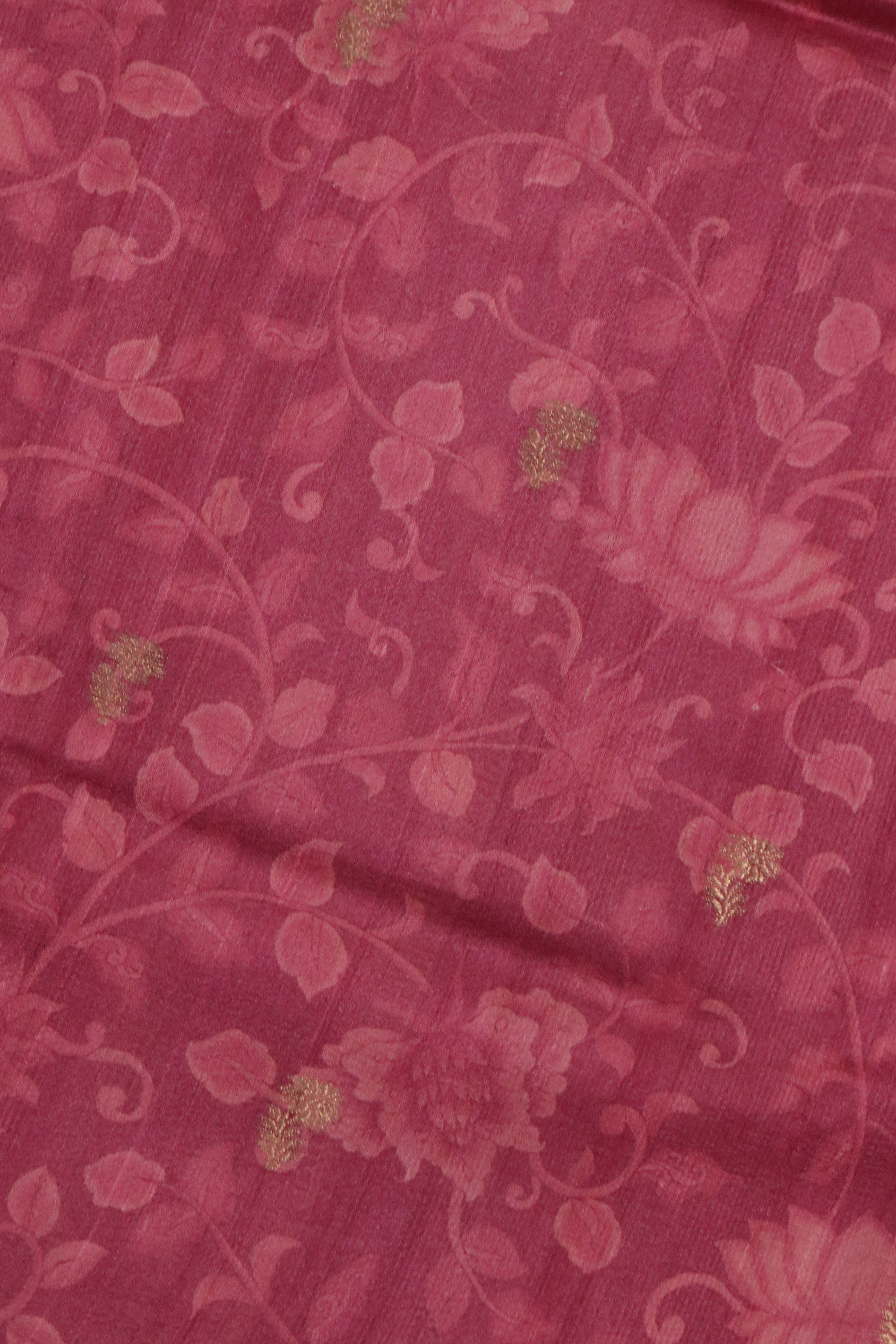 Reddish Pink Banaras Tussar Silk Saree with Zari Motifs & Satin Border