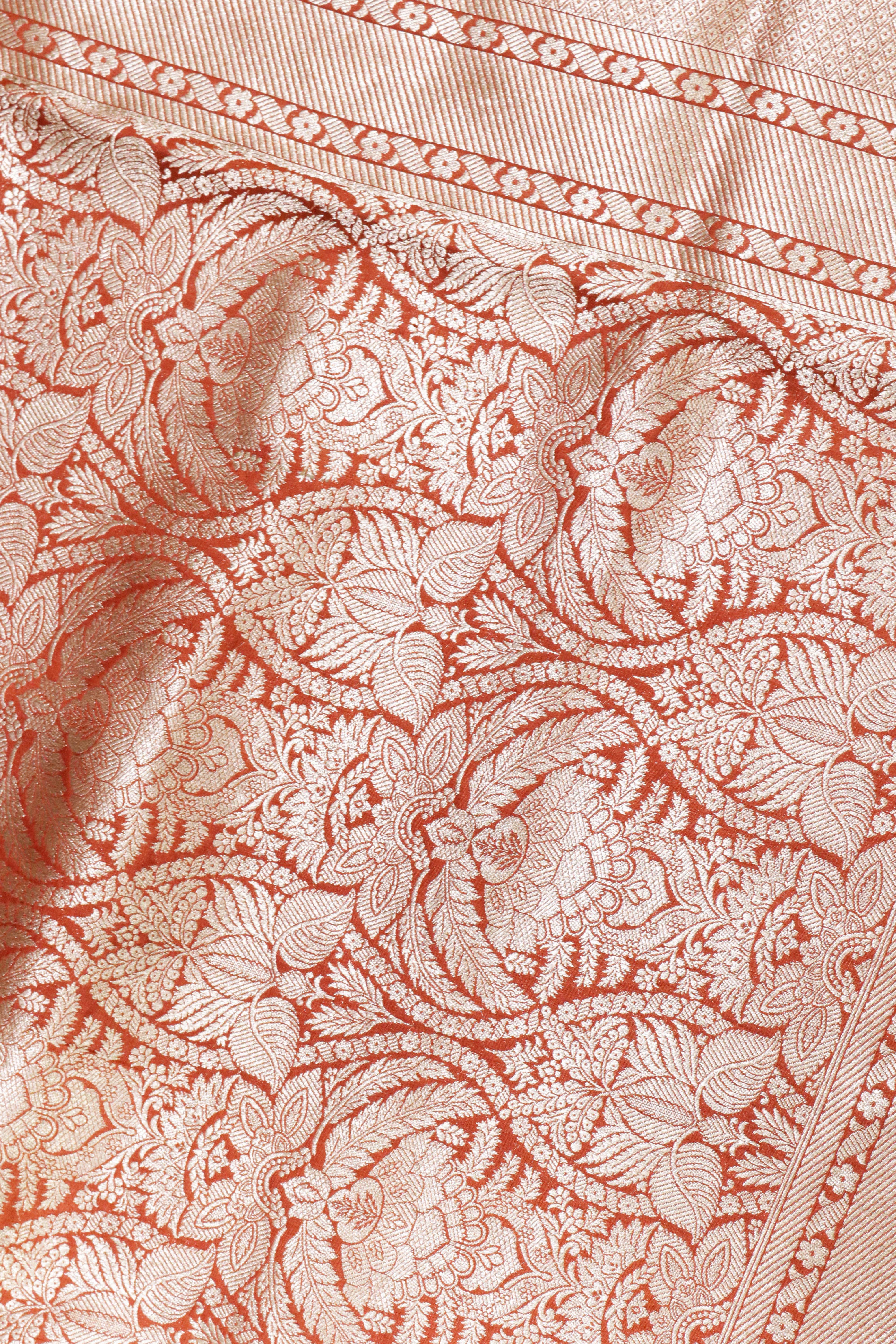 Orange Banarasi Silk Saree with Brocade Zari Jaal and Zari Border
