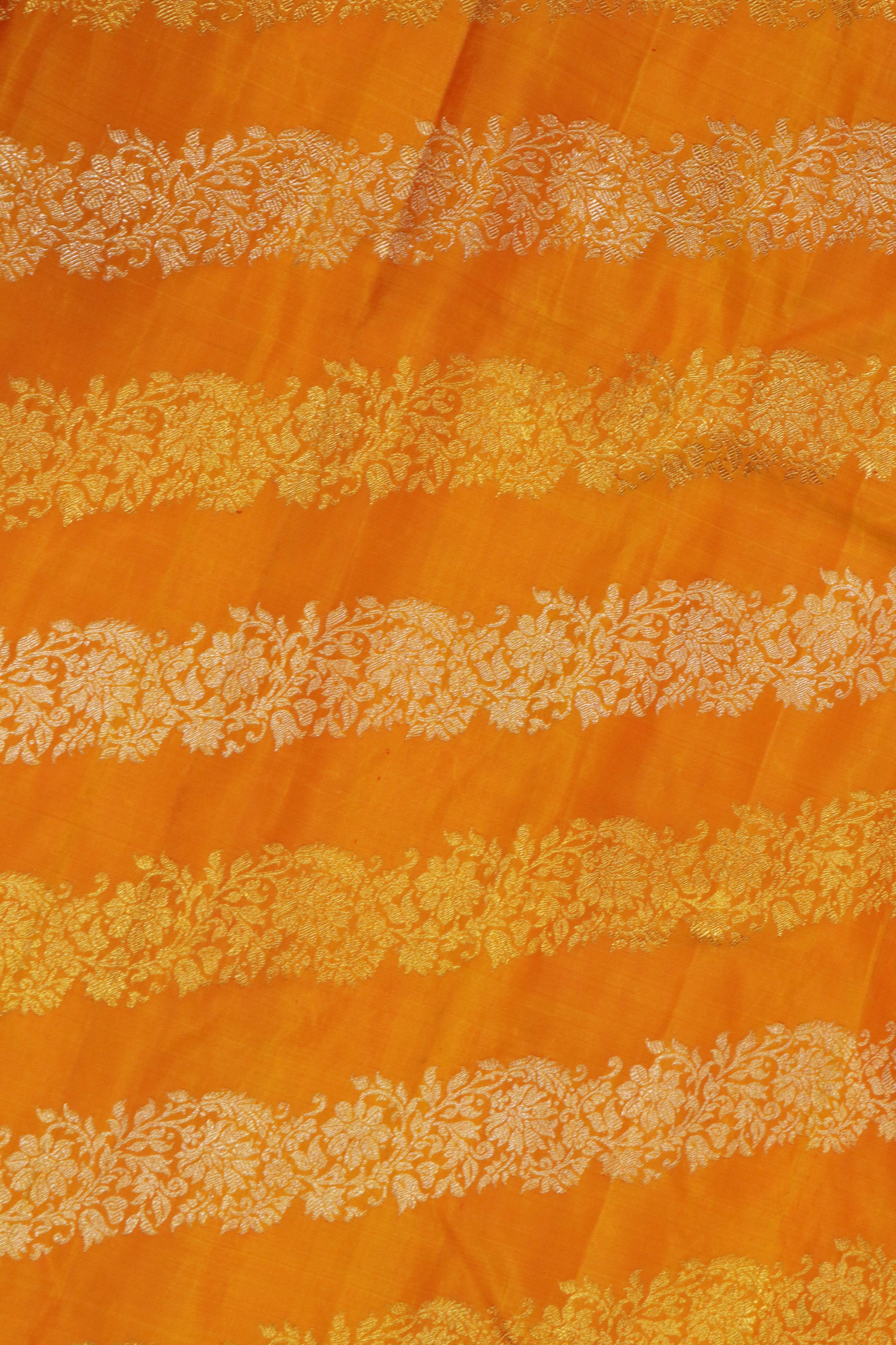 Mango Yellow Kanchivaram Silk Saree with Gold & Silver Stripes