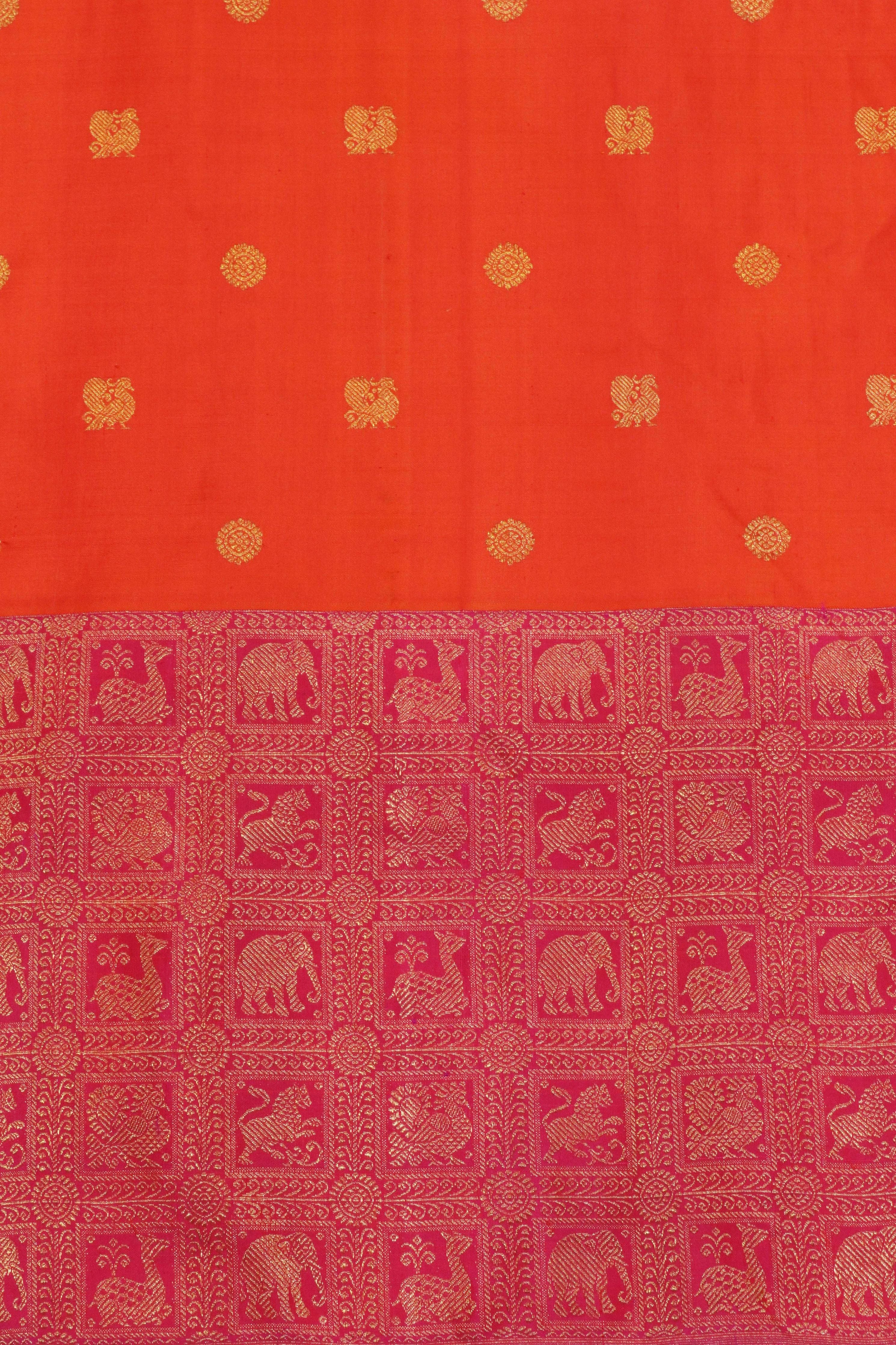 Orange Kanchivaram Silk Saree with Butta & Contrast Vanasingaram Border - Mokshaa