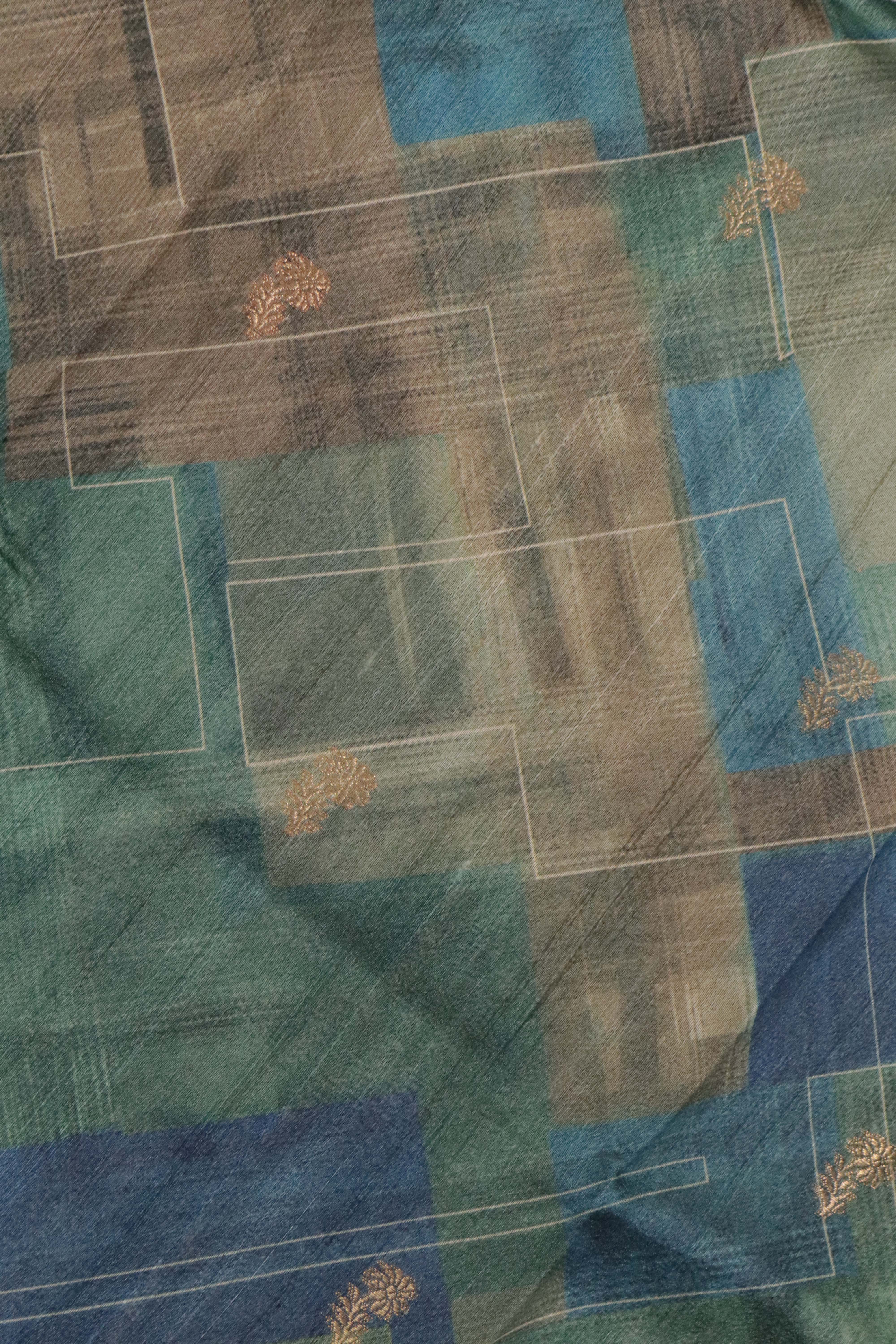 Blue-Green Tussar Silk Saree with Zari Motifs & Printed Border