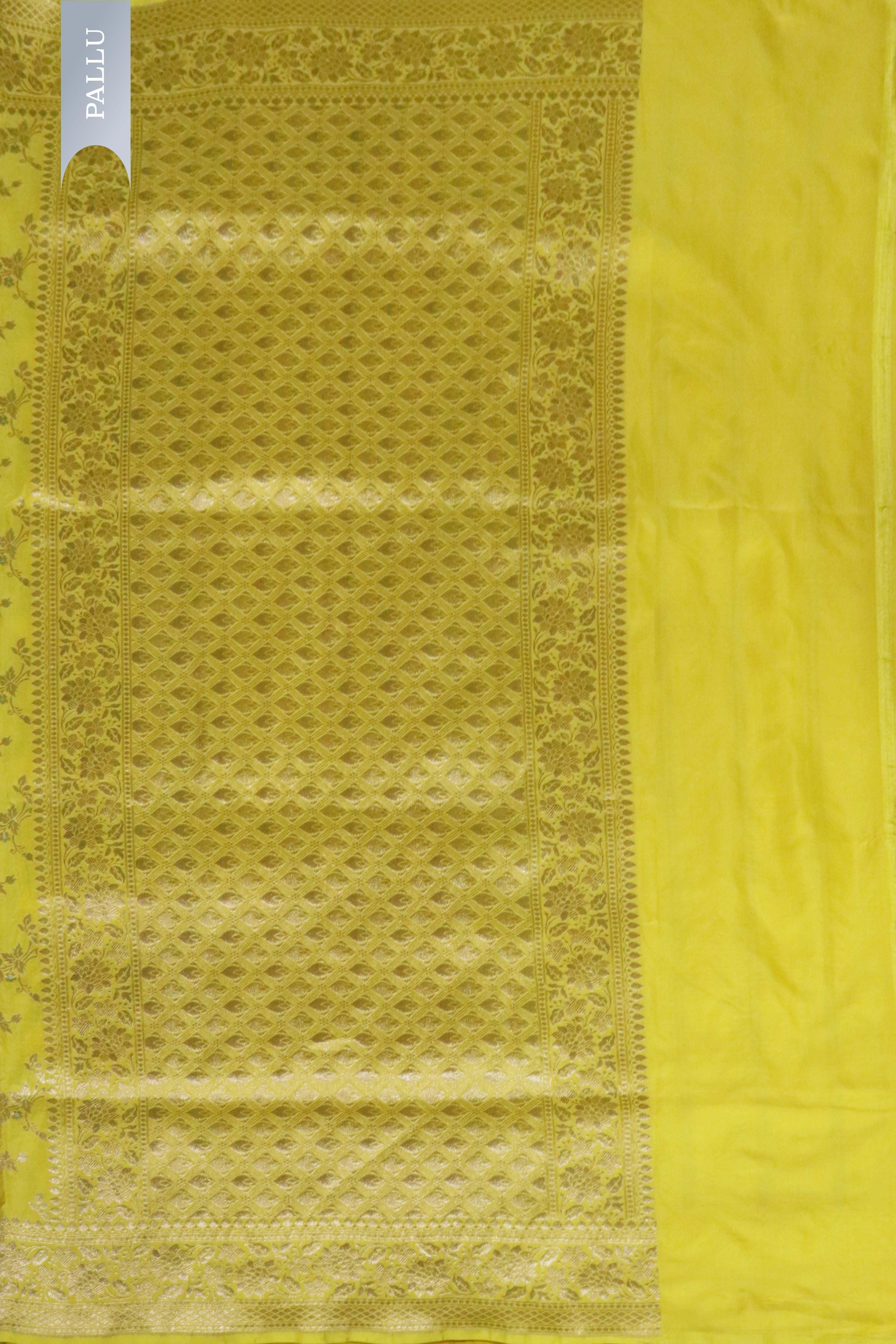 Lemon Yellow Banarasi Silk Saree with Zari Jaal - Mokshaa