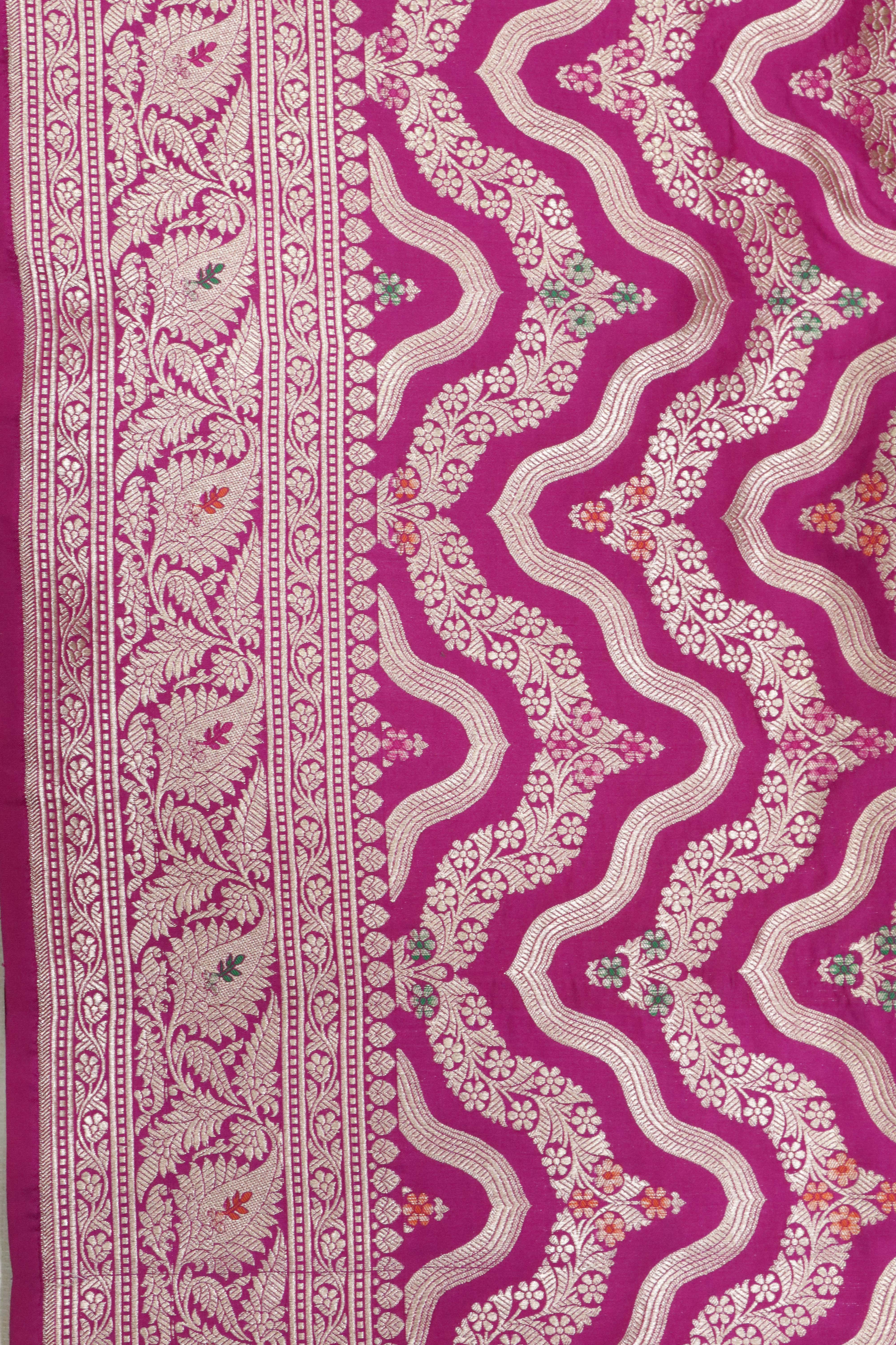 Rani Pink Banarasi Silk Saree with Wave Jaal and Zari Border
