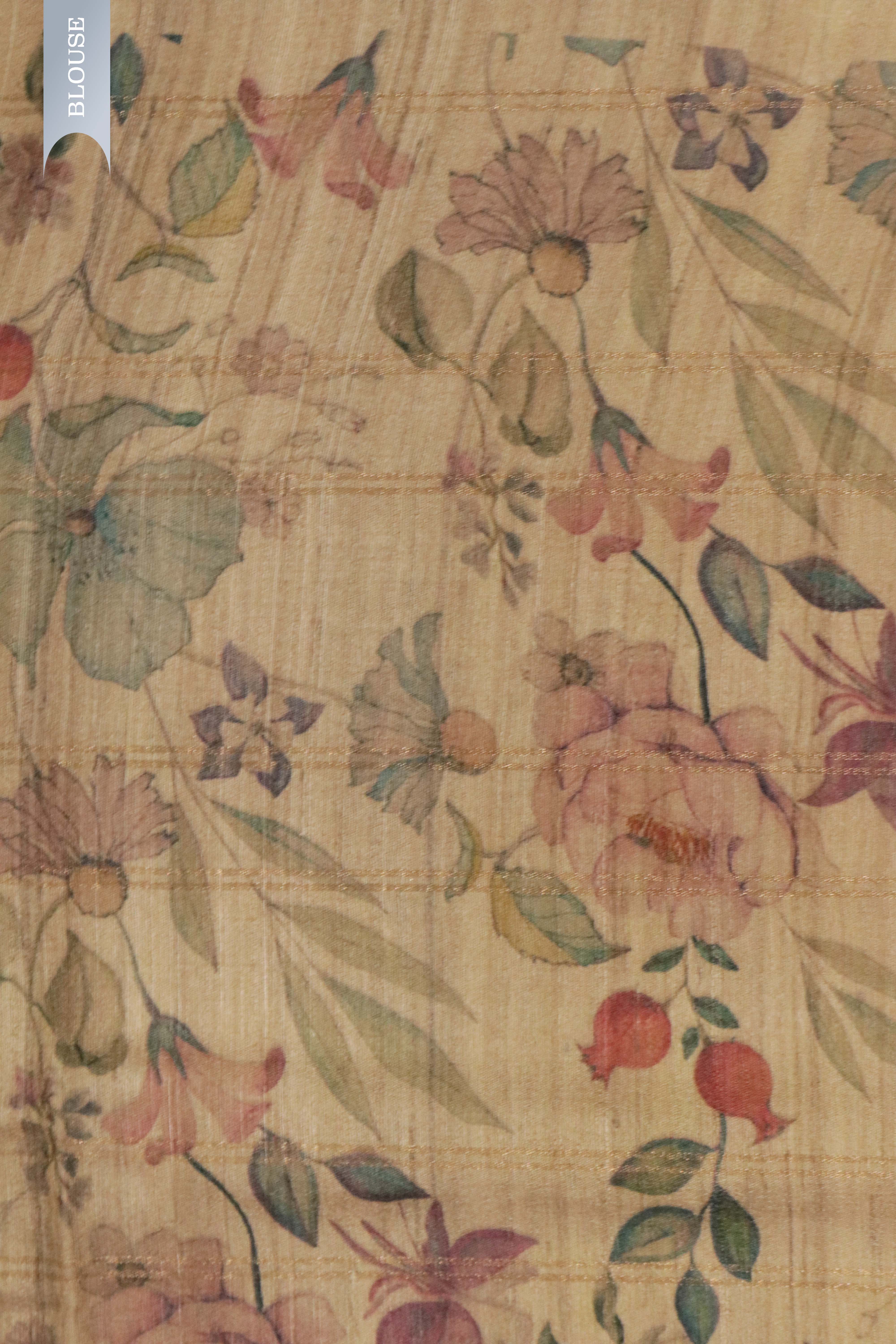 Beige Tussar Silk Saree with Zari Checks & Floral Print