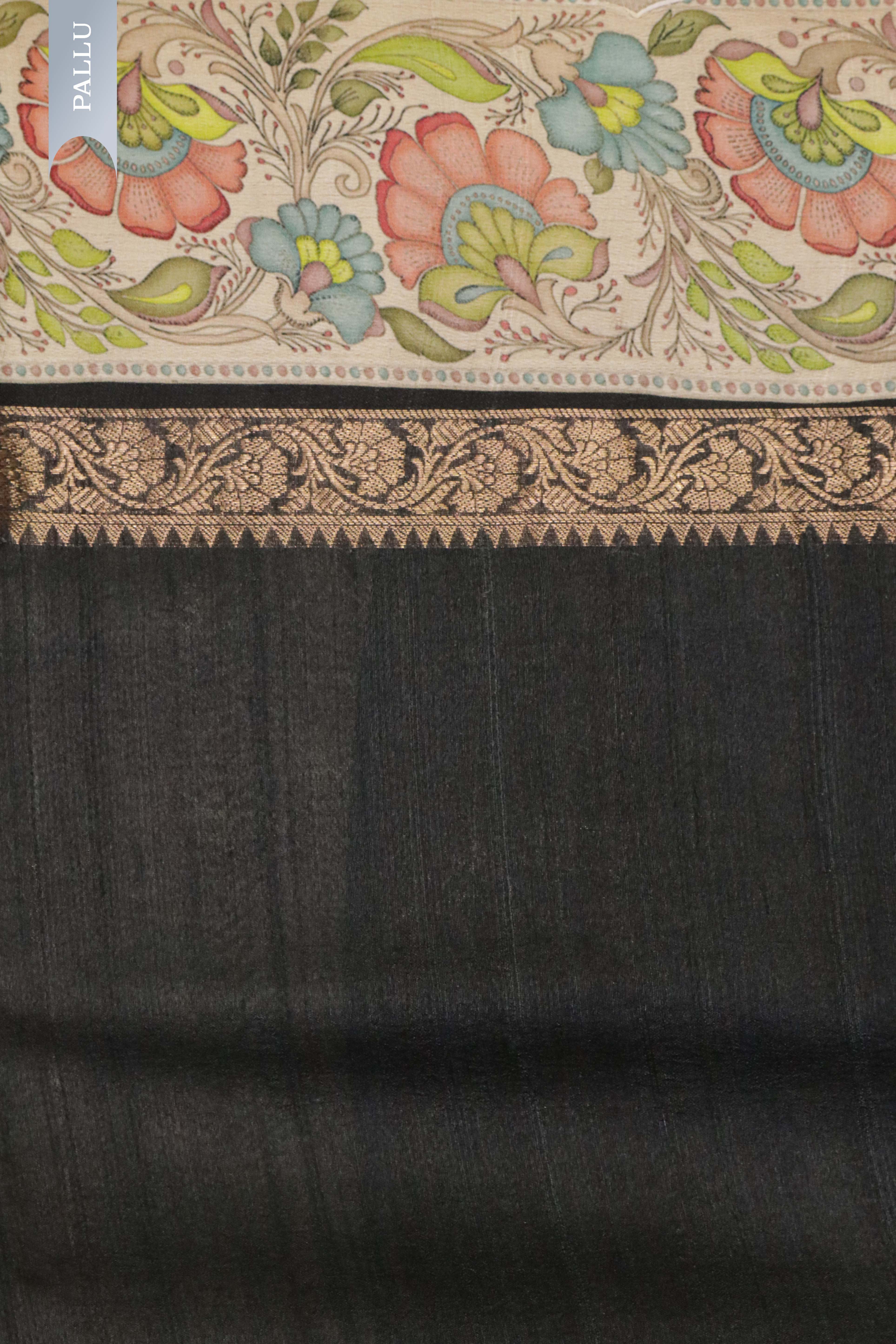 Black & Grey Banaras Tussar Silk Saree with Zari Motifs & Kalamkari Border