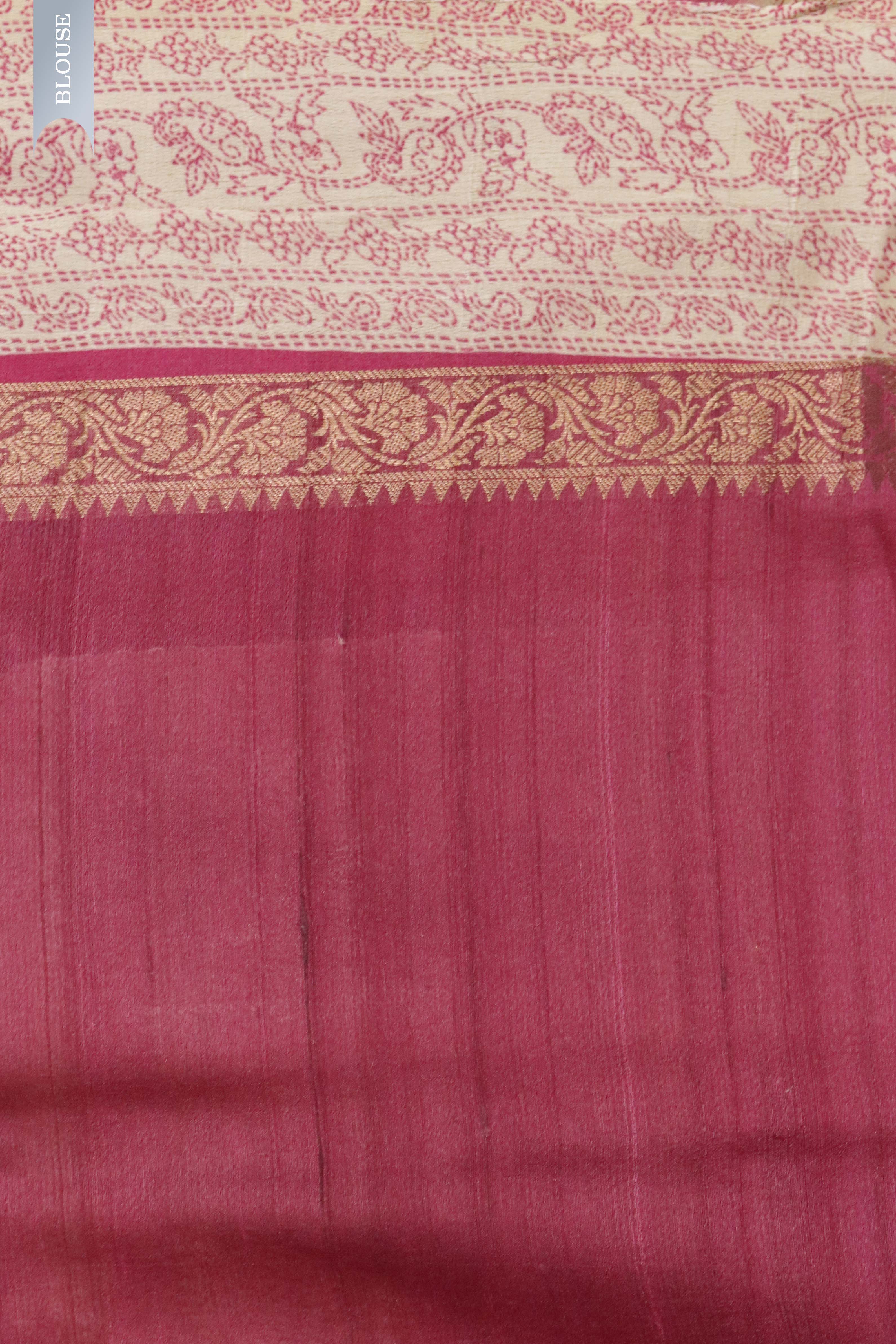Reddish Pink Banaras Tussar Silk Saree with Zari Motifs & Satin Border