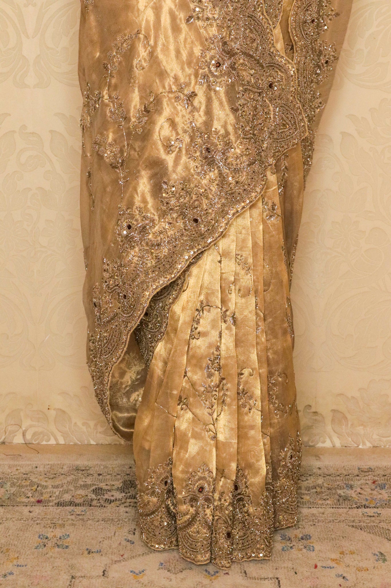 Dusty Gold Tissue Organza Saree with Jarthosi & Sequin Work and Green Velvet Blouse