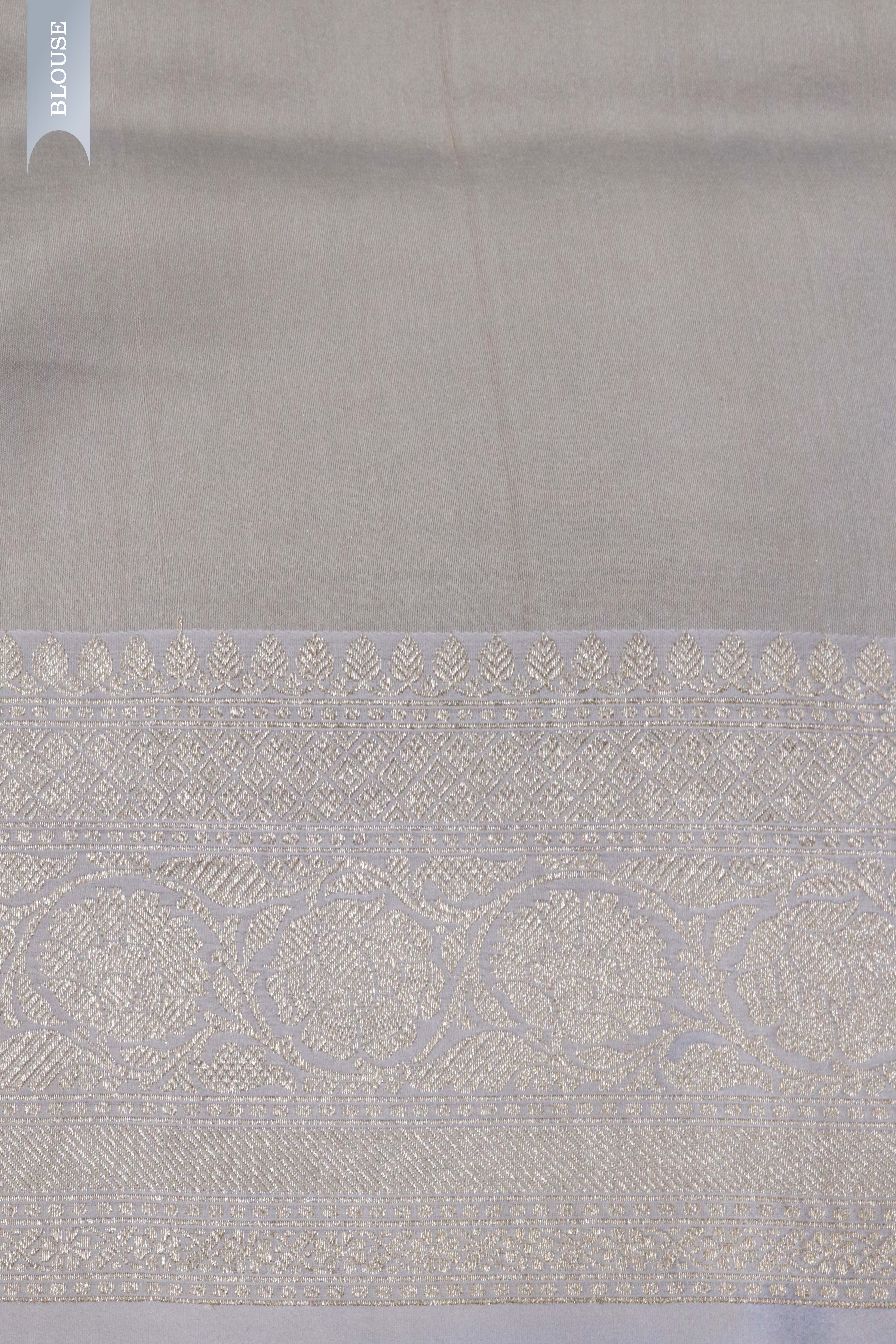 Powder Blue Tussar Silk Saree with Floral Print & Zari Border