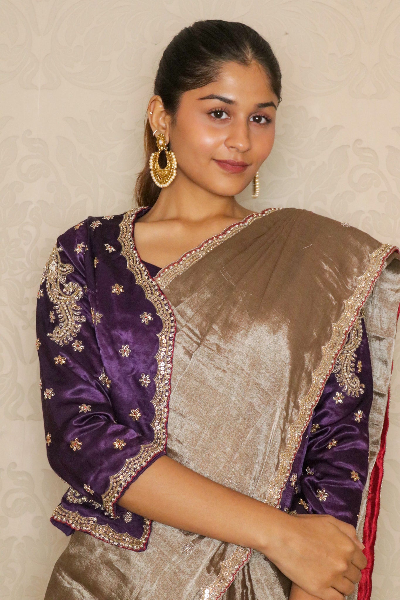 Silver Tissue Silk Saree with Purple Blouse