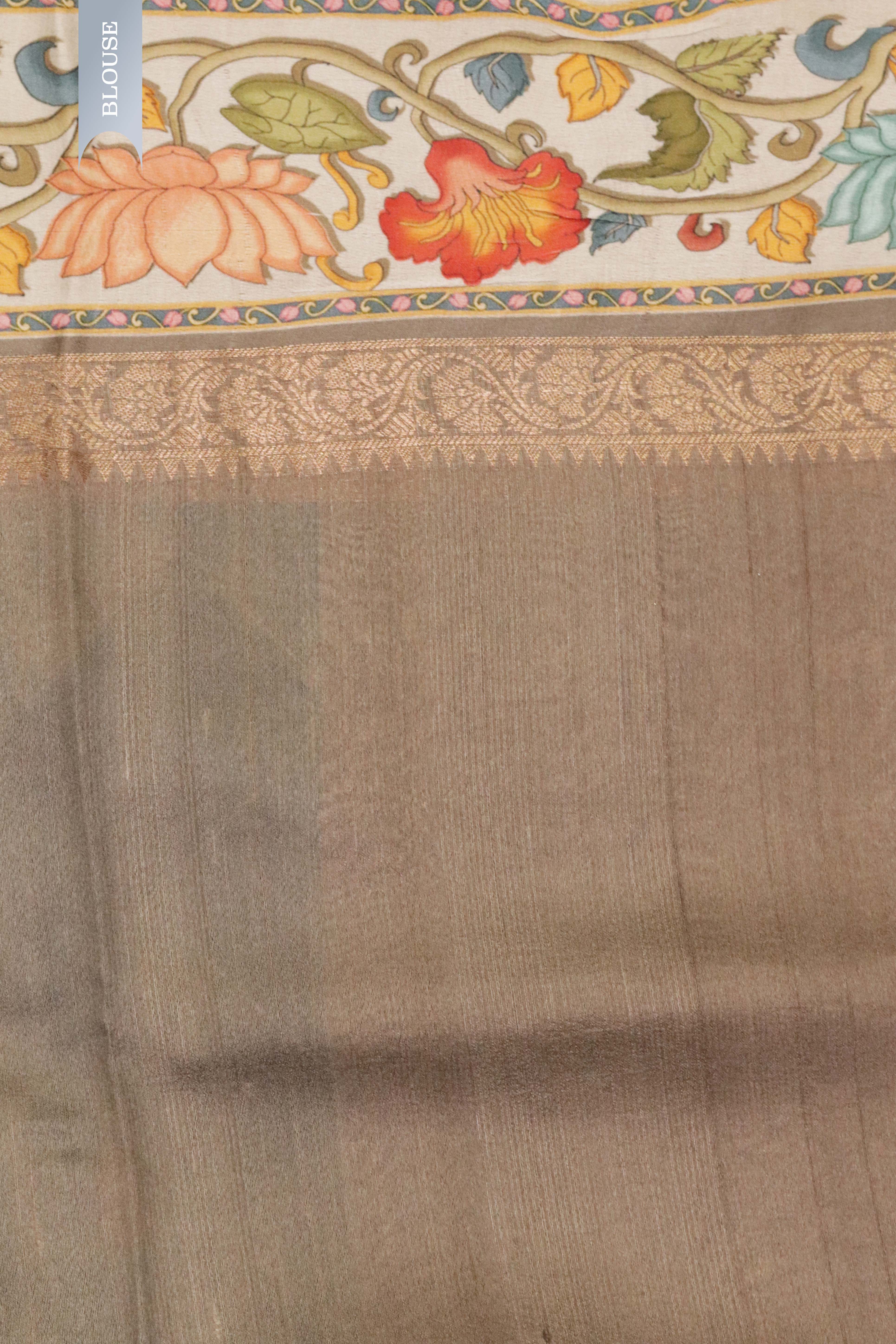 Blue-Green Tussar Silk Saree with Zari Motifs & Printed Border