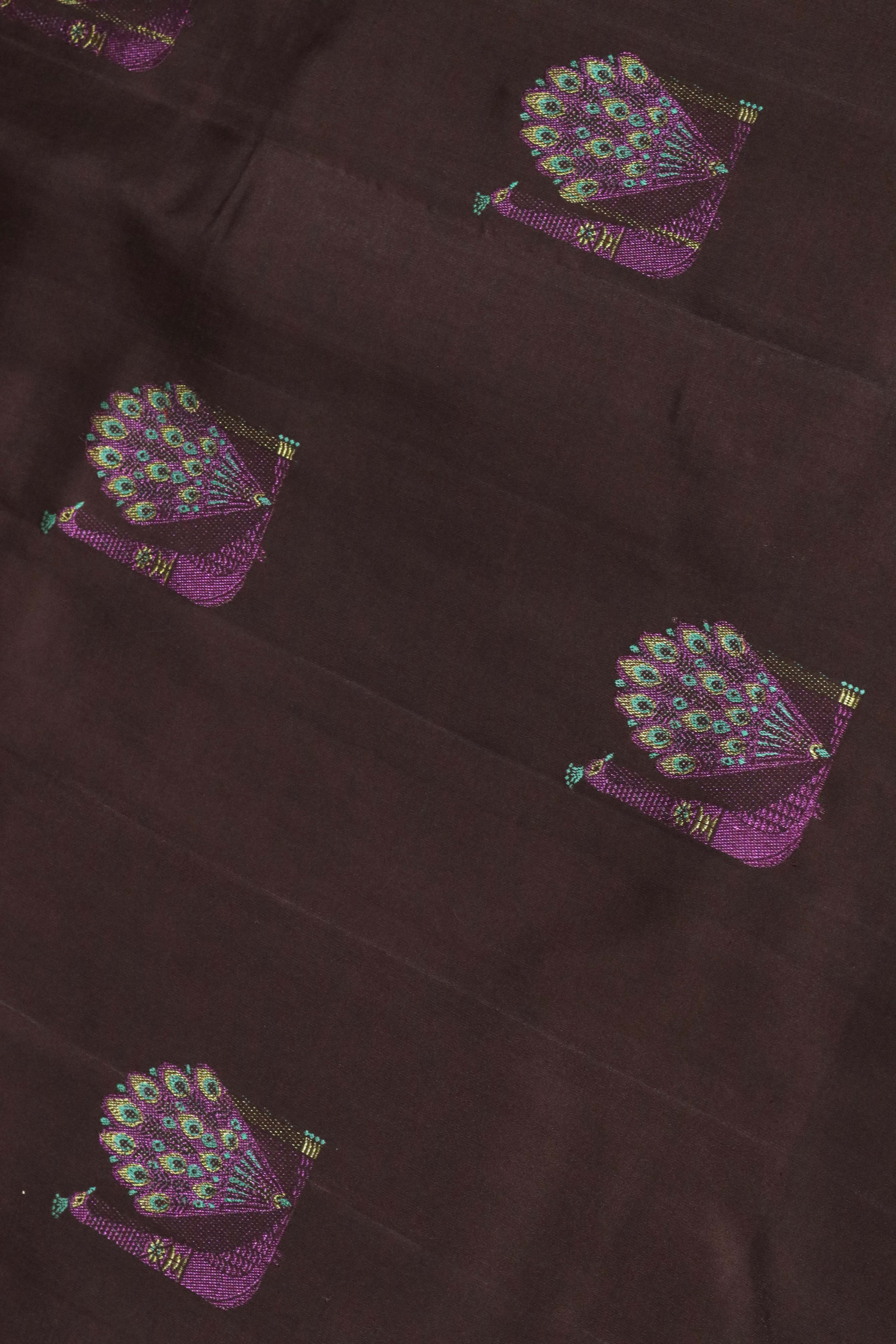 Brown Kanchivaram Silk Saree with Peacock Motifs