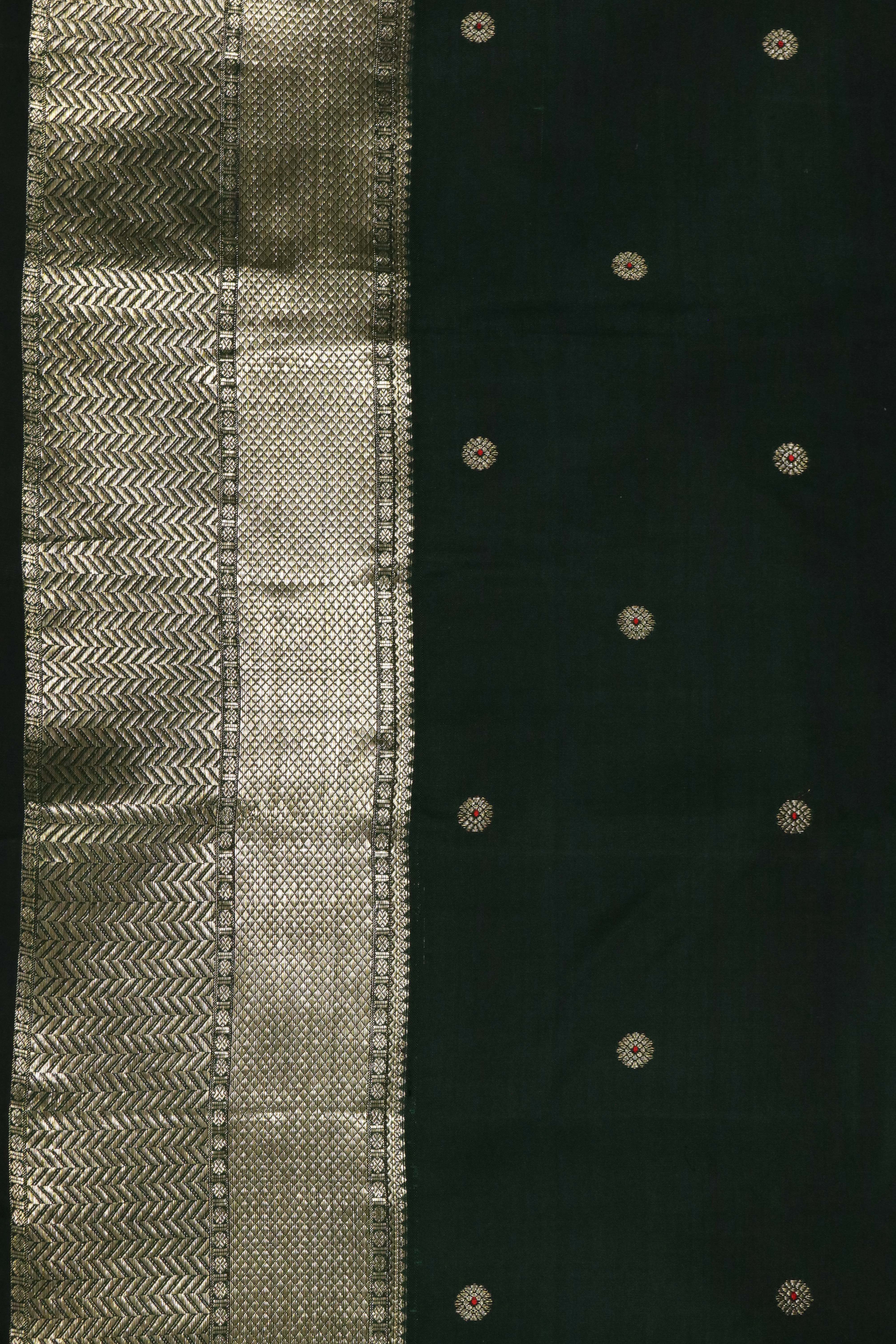 Bottle Green Kanchivaram Silk Saree with Zari Butti and Self Blouse